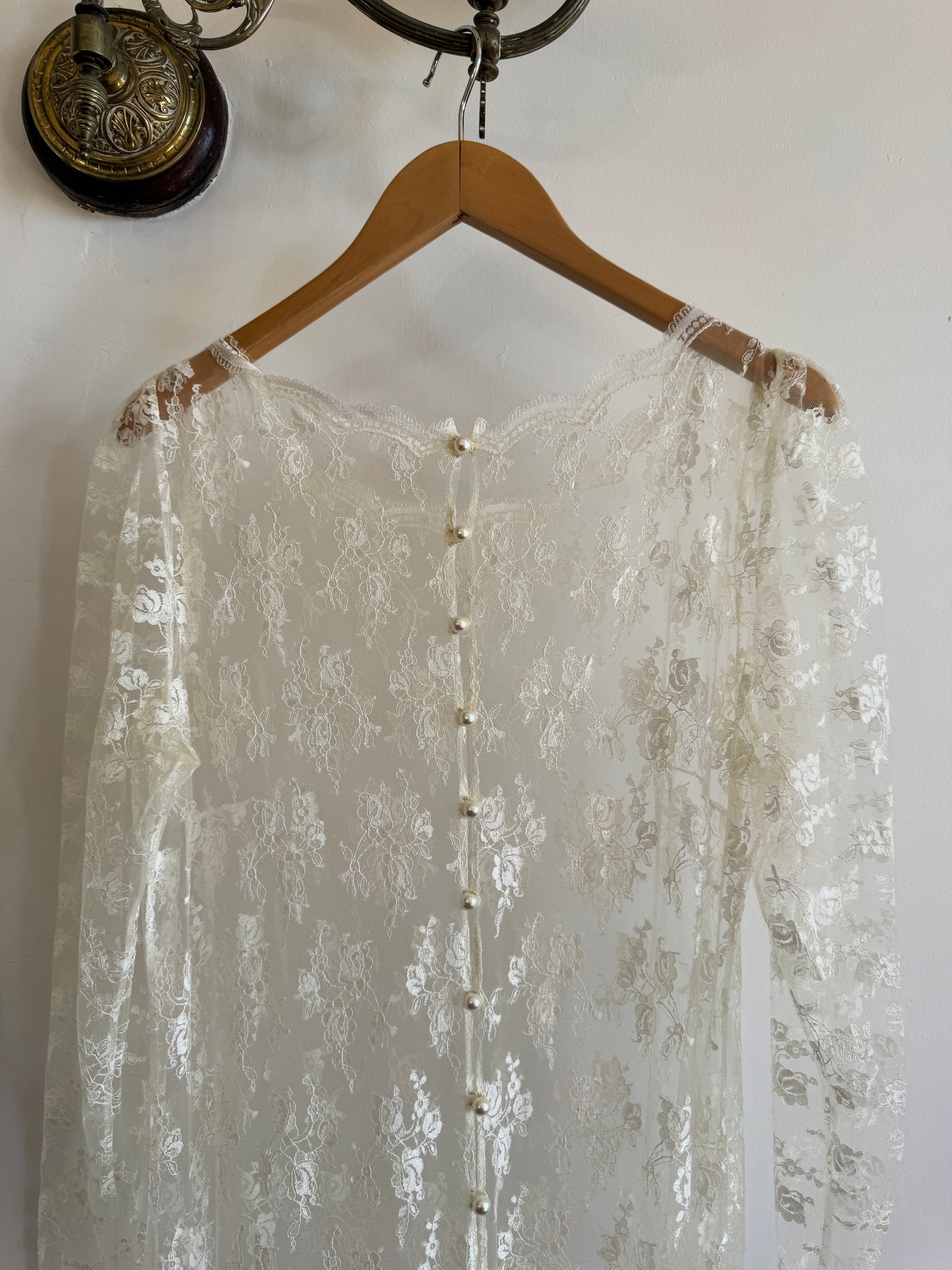 Vintage 80s Sheer Lace Fluted Wedding Dress