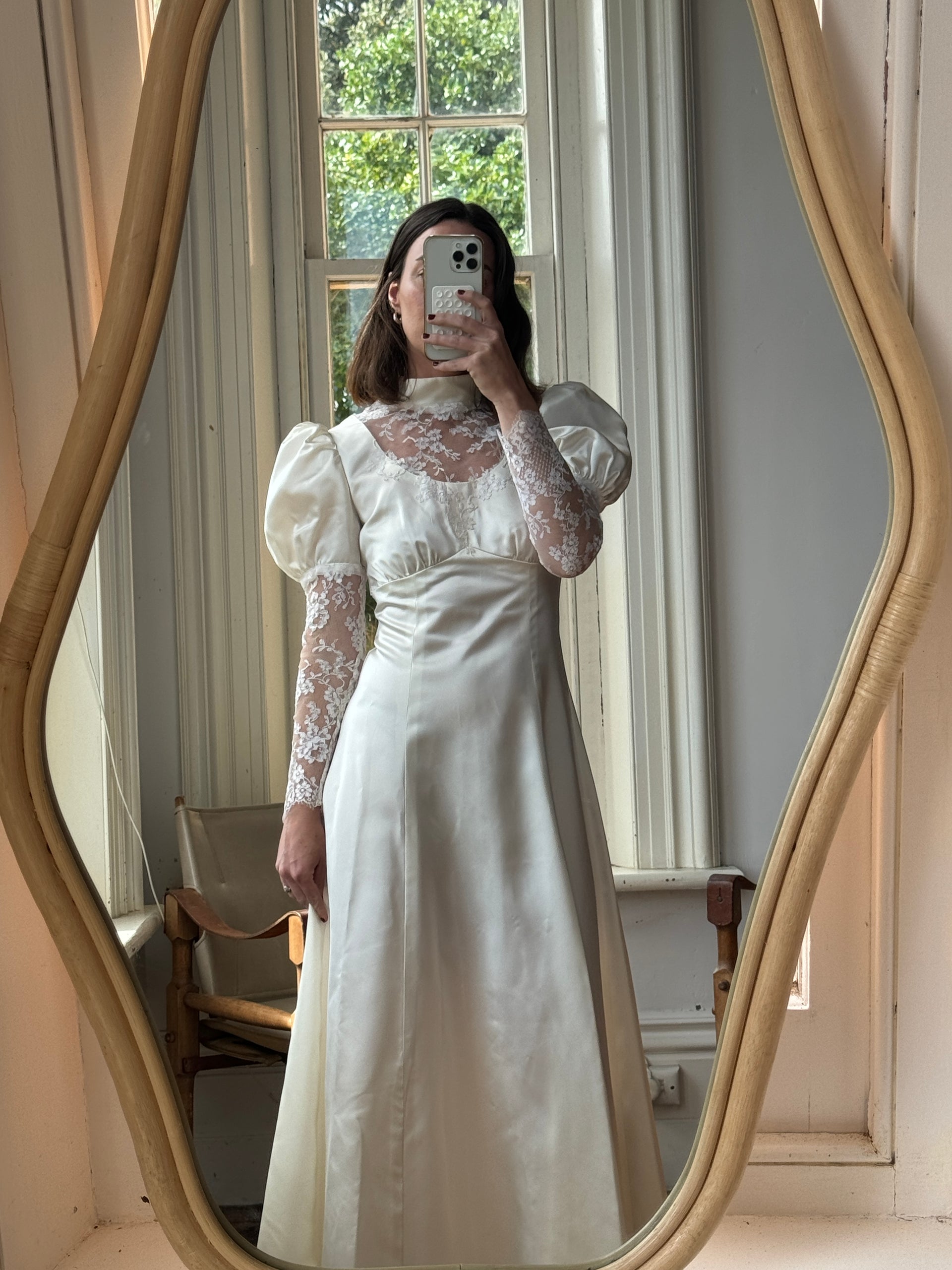 Vintage 80s Satin A-Line Wedding Gown with Puff Sleeves – Call Me The Breeze