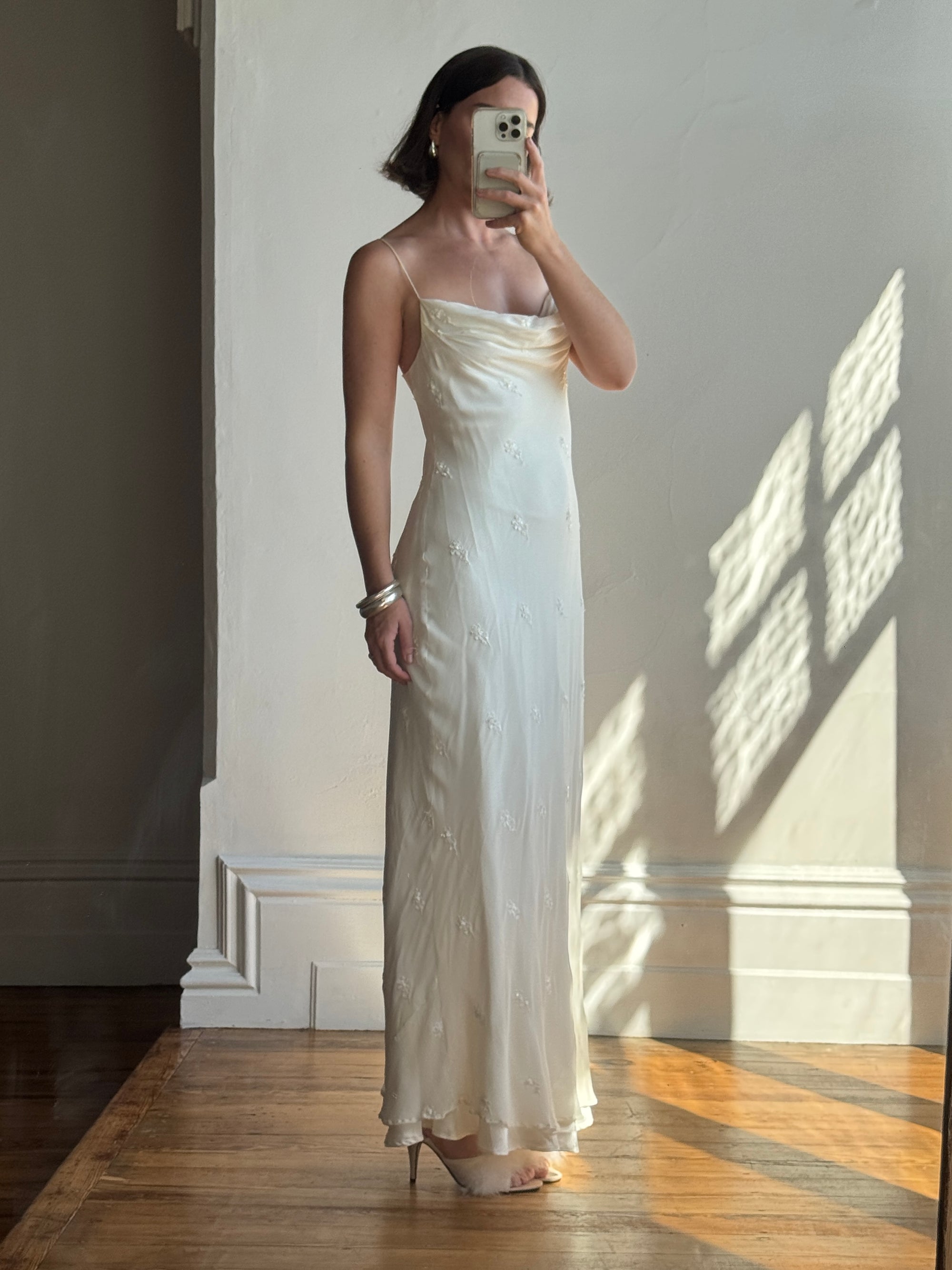 Vintage 90s Pure Silk Bias Cut Slip Embroidered Wedding Dress