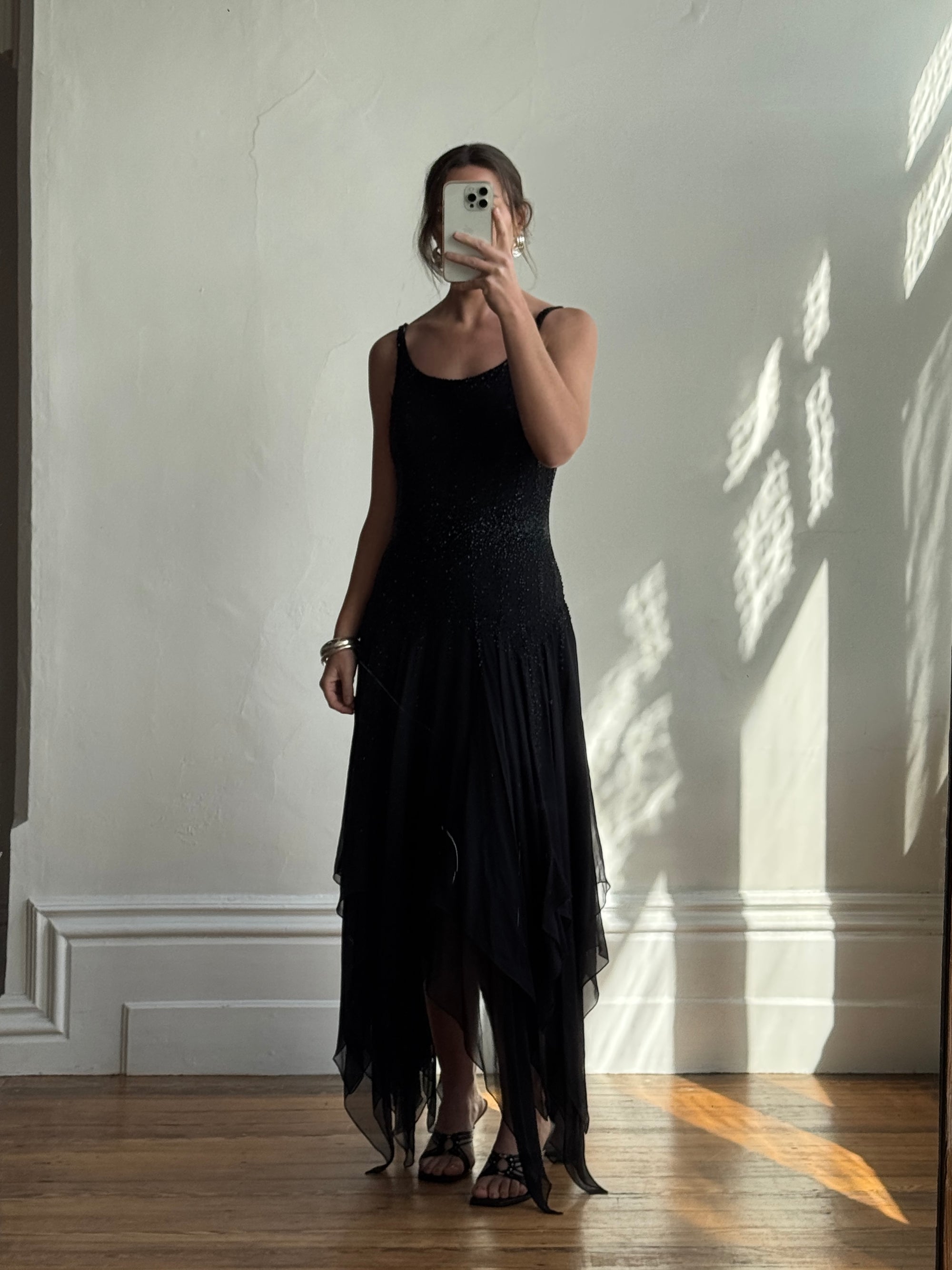 Vintage 90s Pure Silk Backless Beaded Fairy Dress Noir Call Me The Breeze Vintage 90s Pure Silk Backless Beaded Fairy Dress Noir Call Me The Breeze