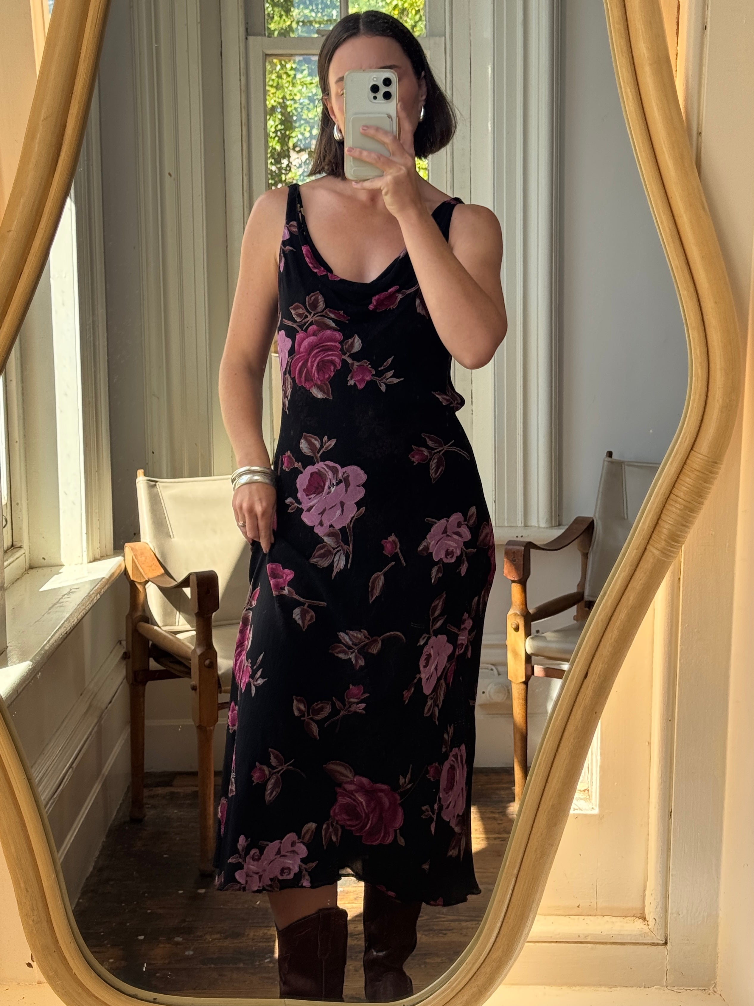 Vintage 90s Reversible Cowl Neck Floral Midi