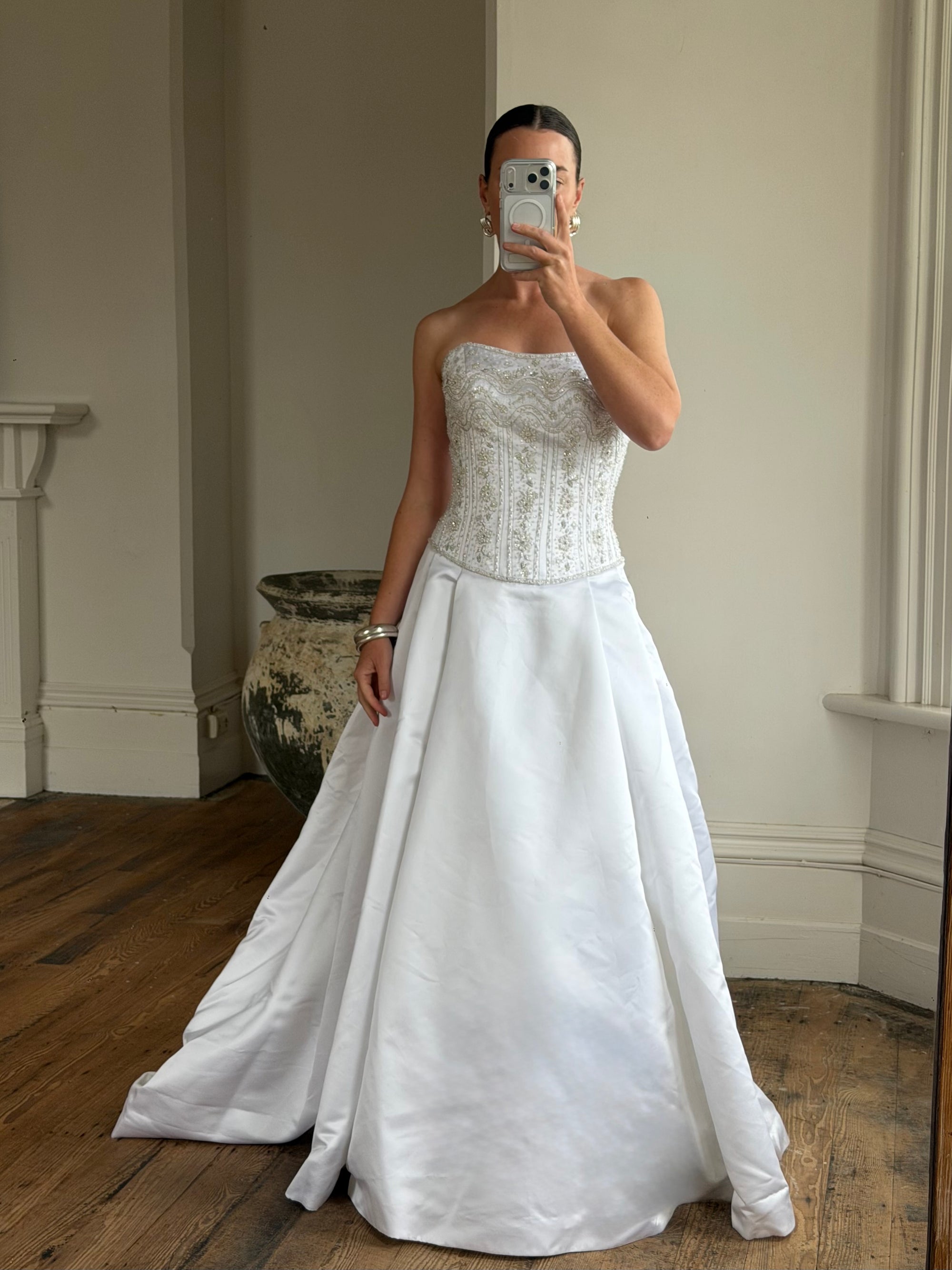 Vintage Y2K Crystal Satin Pleated Wedding Gown