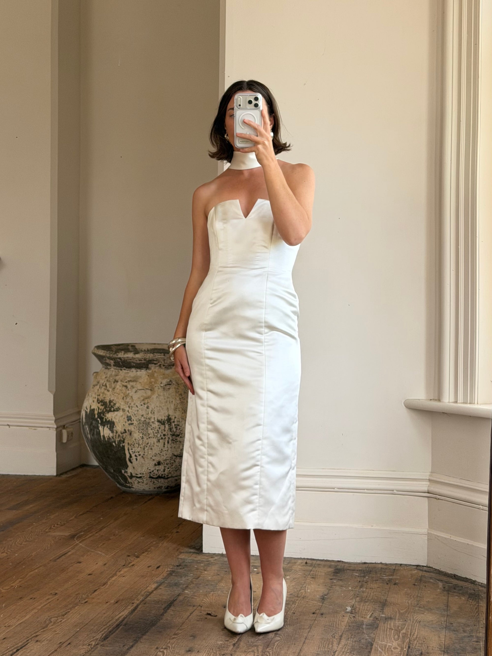 Vintage 90s Satin Strapless Bridal Midi With Neck Tie
