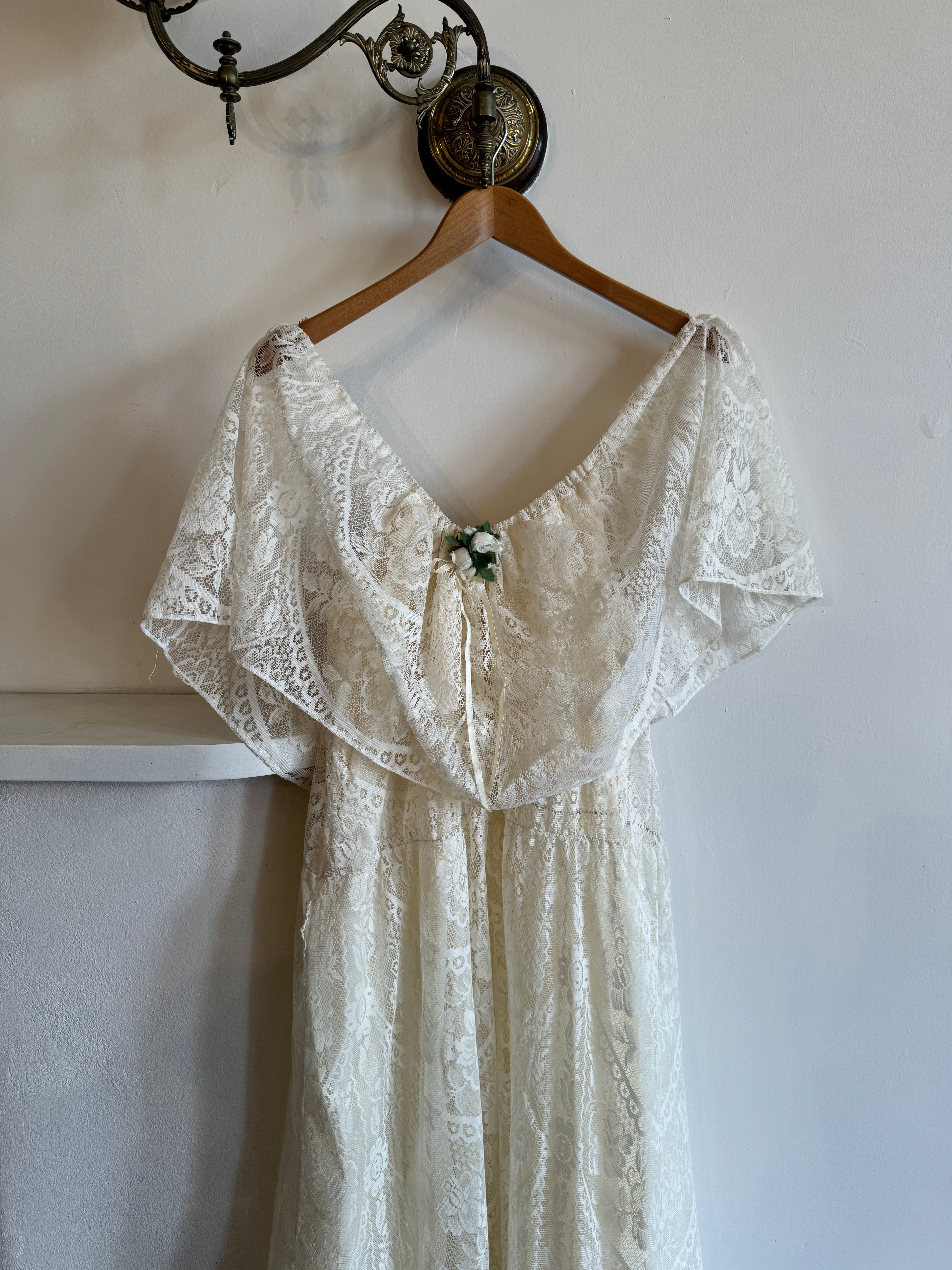 Vintage Lace Frilled Maxi Dress with Rose Applique