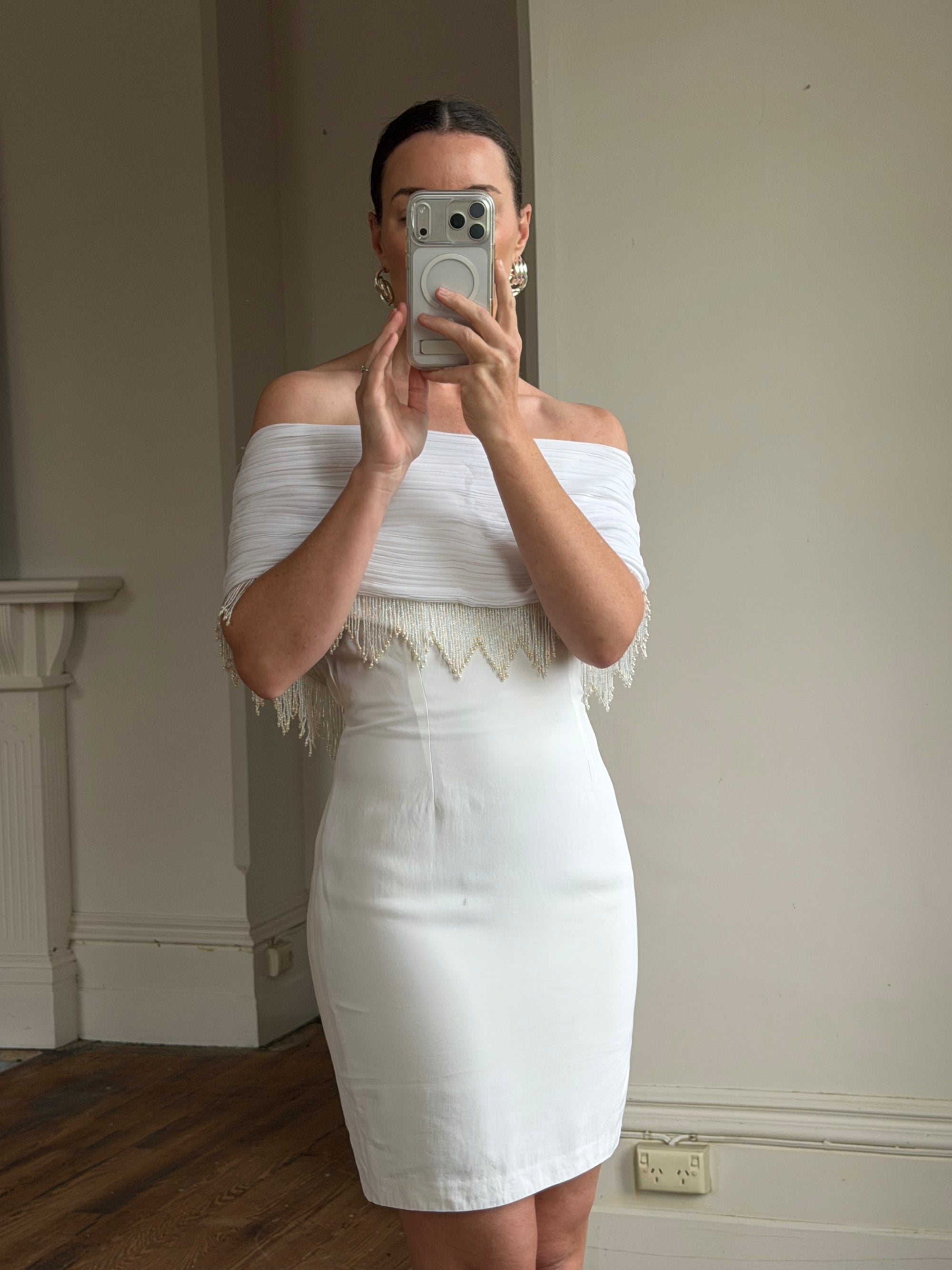 Vintage 90s White Pleated Beaded Fringe Mini Dress