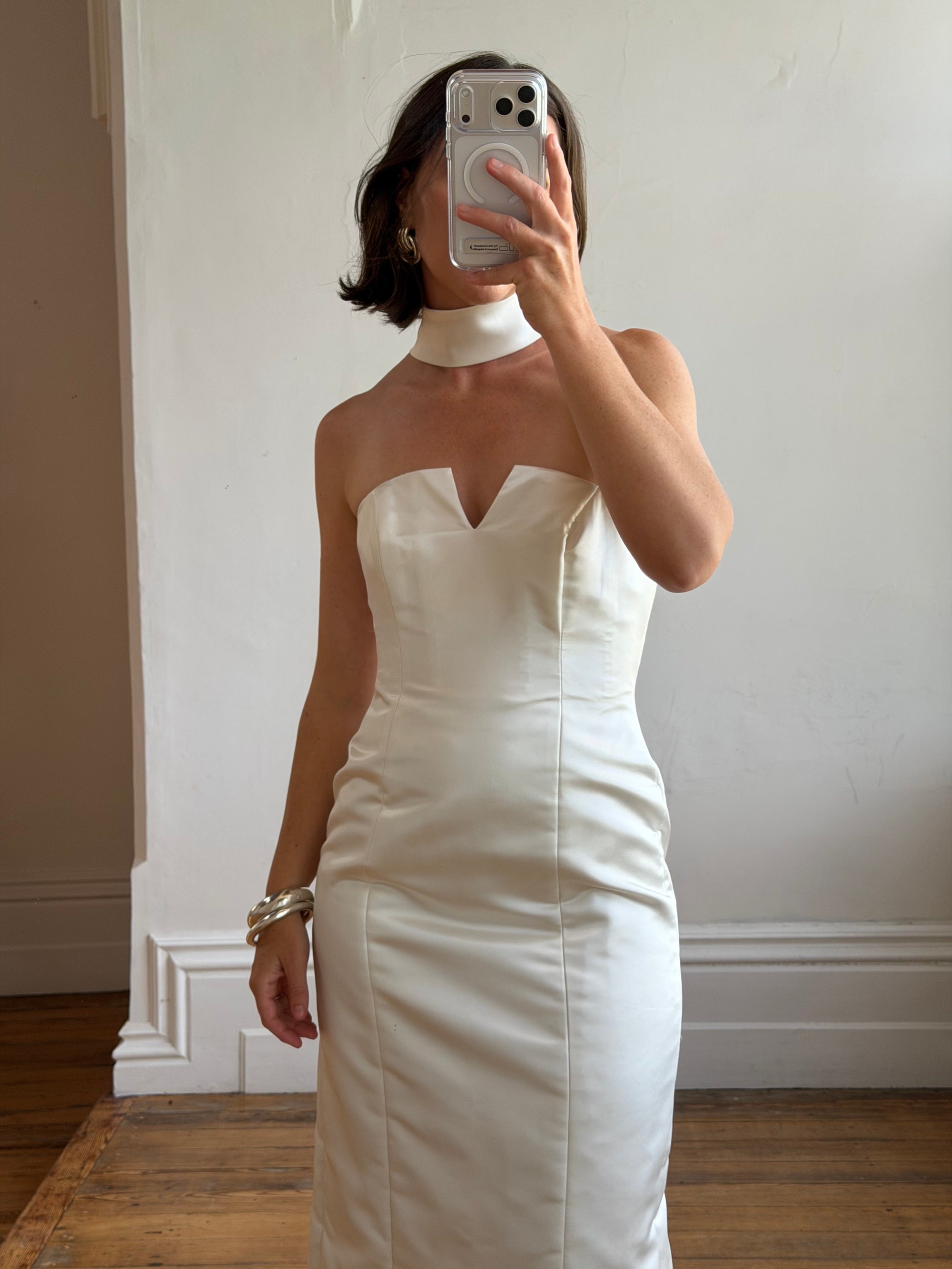 Vintage 90s Satin Strapless Bridal Midi With Neck Tie