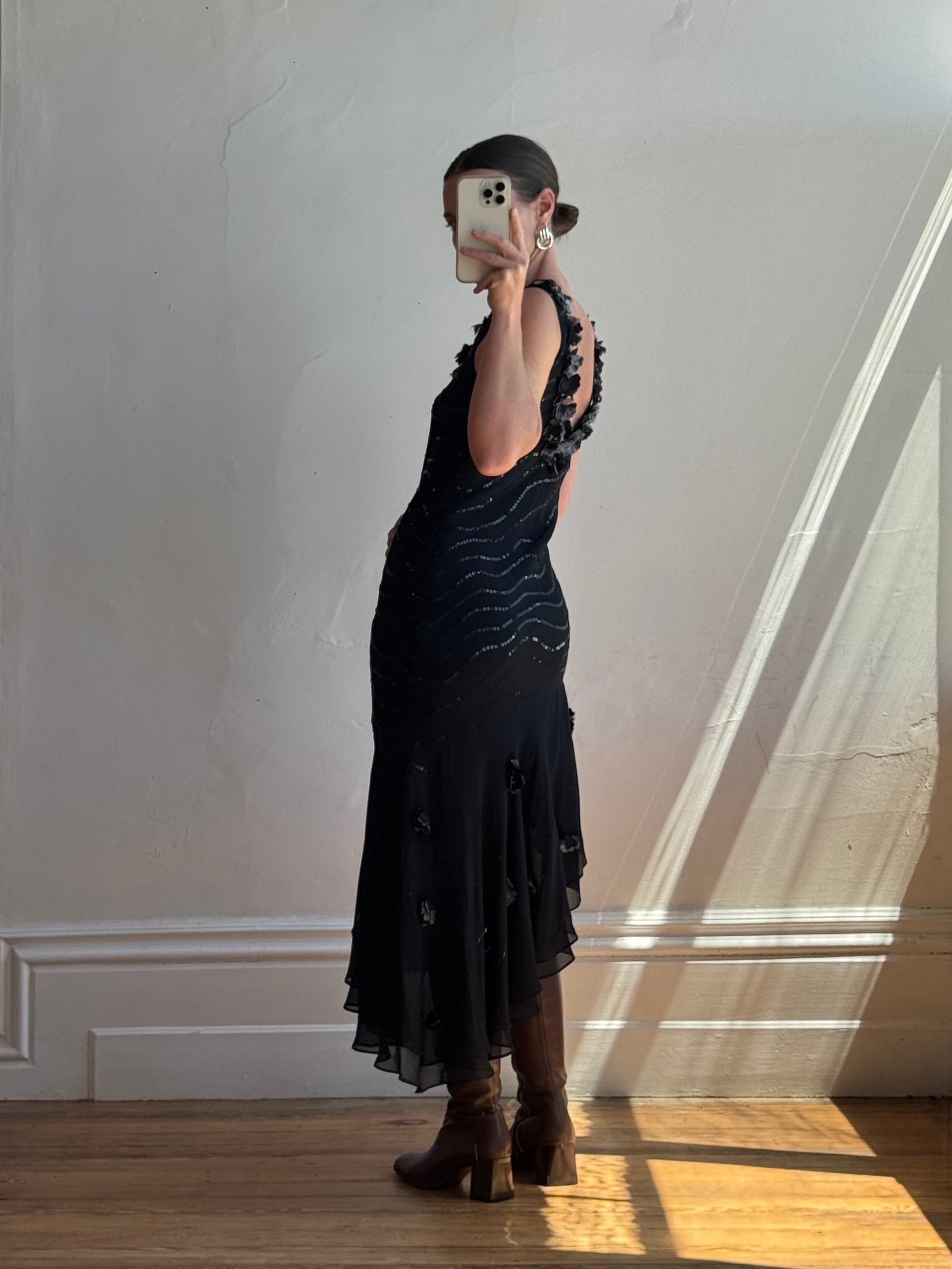 Vintage Y2K Pure Silk Sequin Fairy Dress Noir