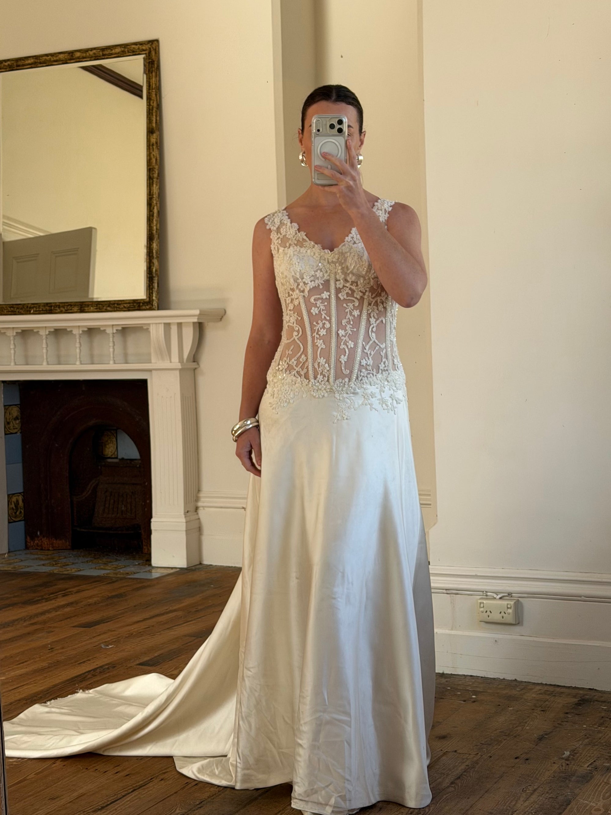 Vintage 90s Italian Naked Embroidered Satin Wedding Dress
