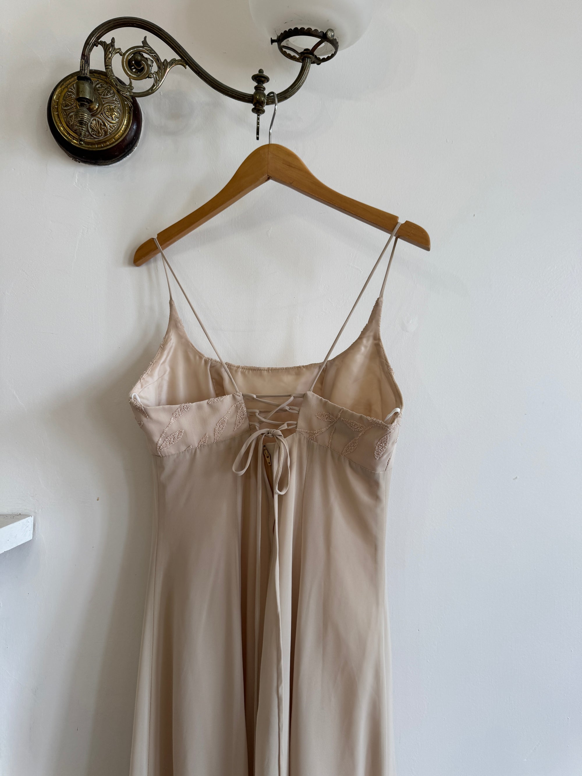 Vintage 90s Nude Lace Up Slip Dress with Beaded Embellishment