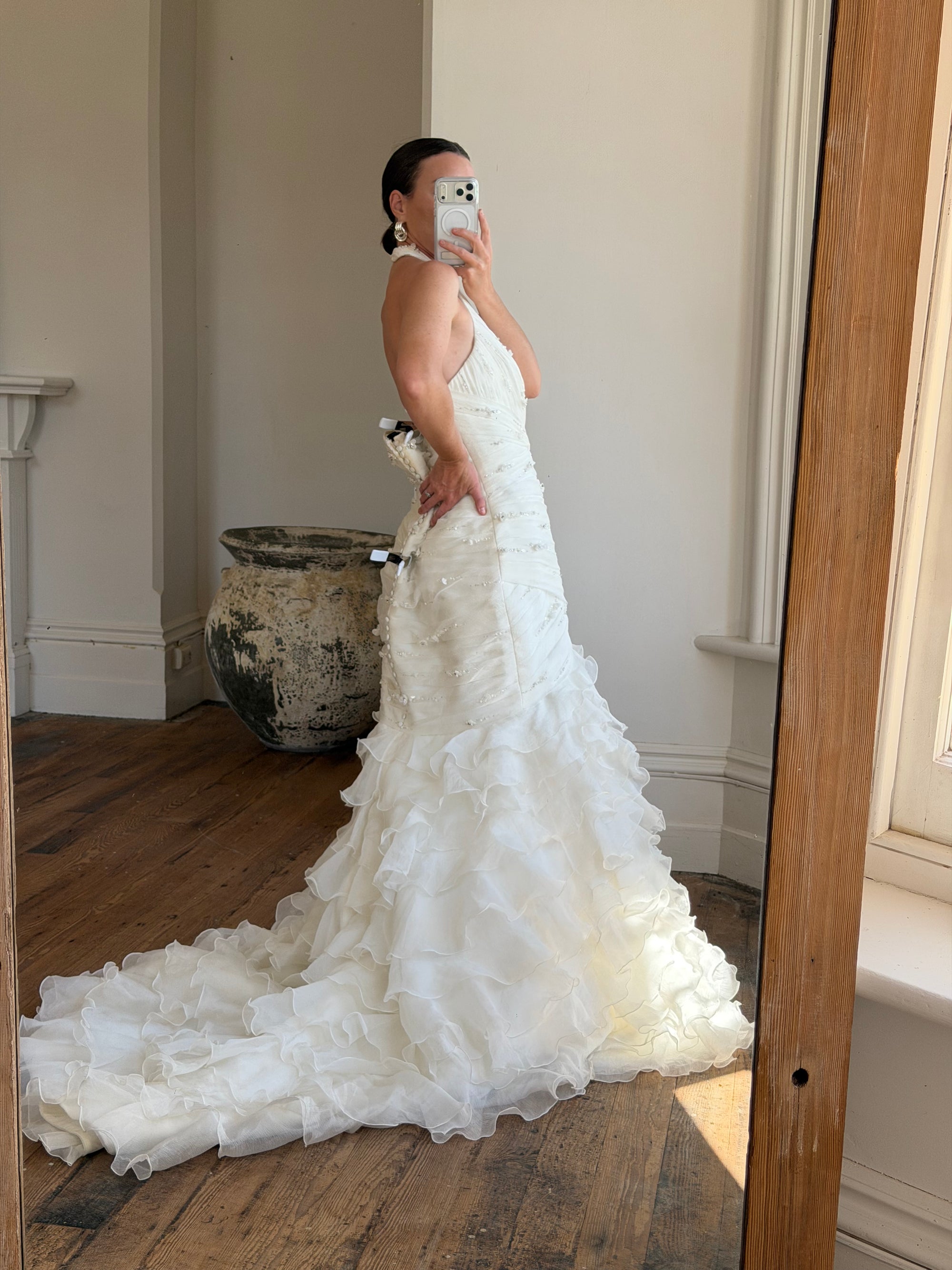 Vintage 90s Italian Plus Size Halter Ruffle Wedding Gown