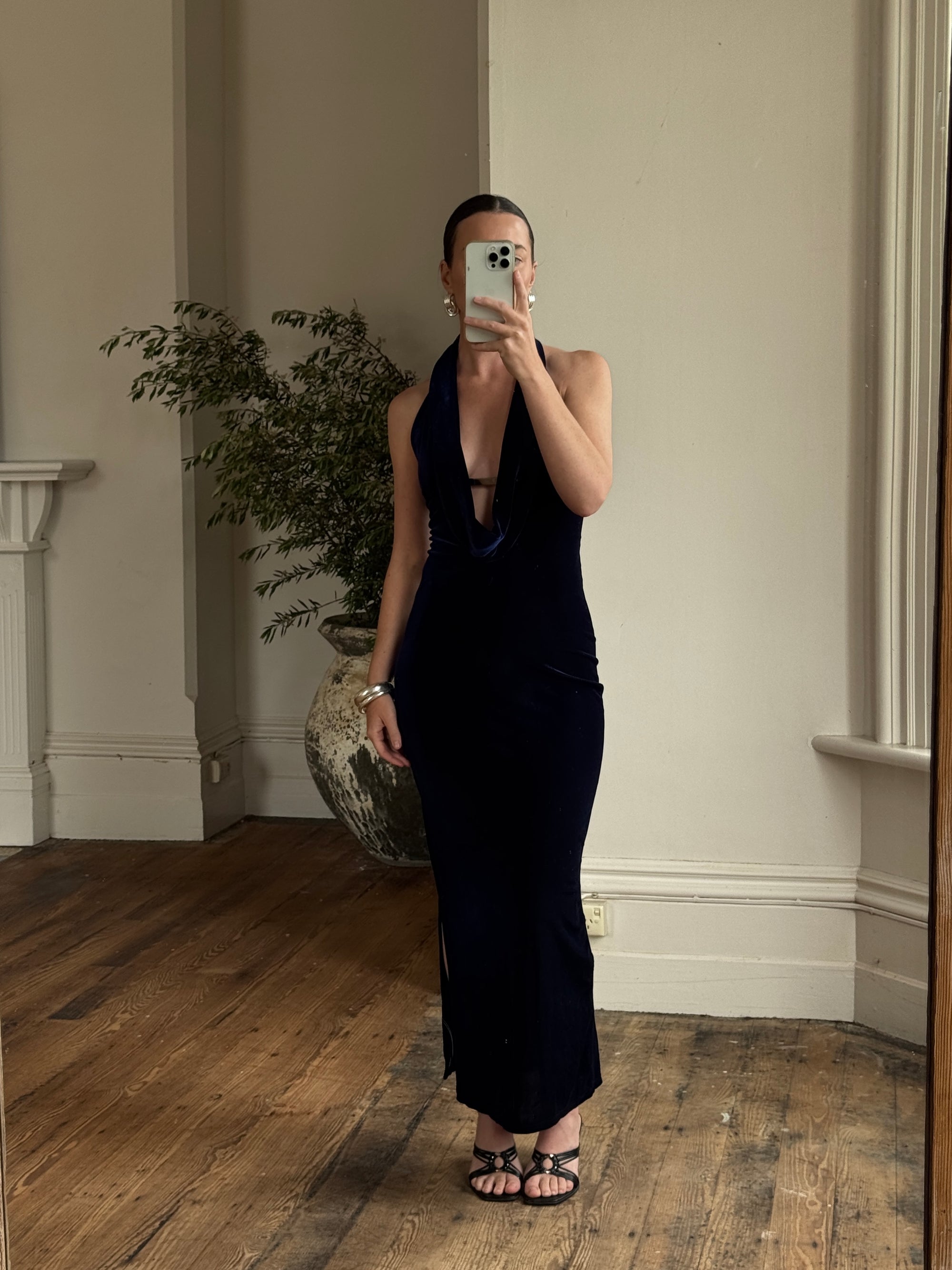 Vintage 90s Plunging Navy Velvet Bodycon Dress with Silver Hardware Call Me The Breeze Vintage 90s Plunging Navy Velvet Bodycon Dress with Silver Hardware Call Me The Breeze