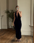 Vintage 90s Plunging Navy Velvet Bodycon Dress with Silver Hardware