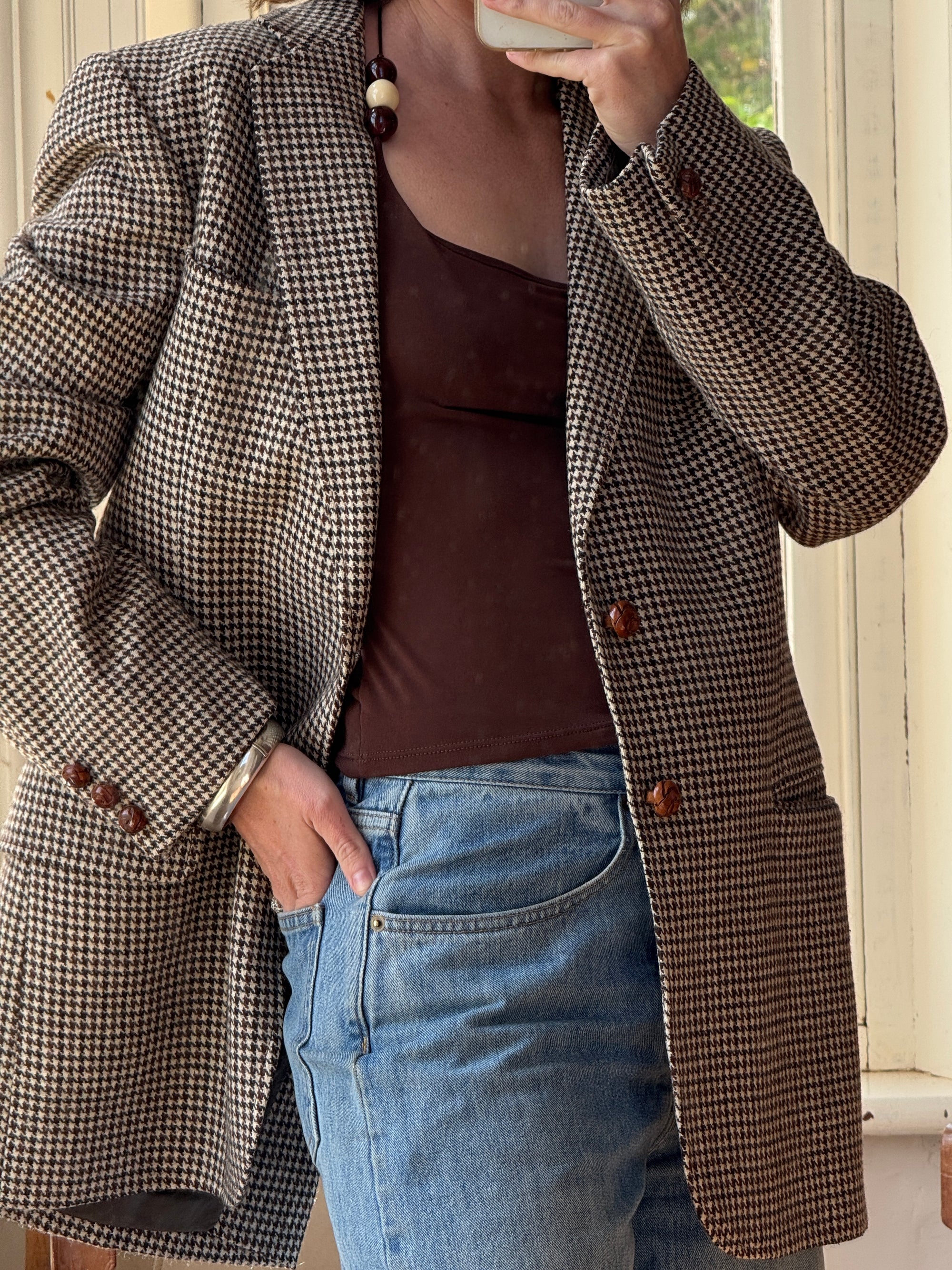 Vintage 60s Wool Blend Brown Herringbone Blazer
