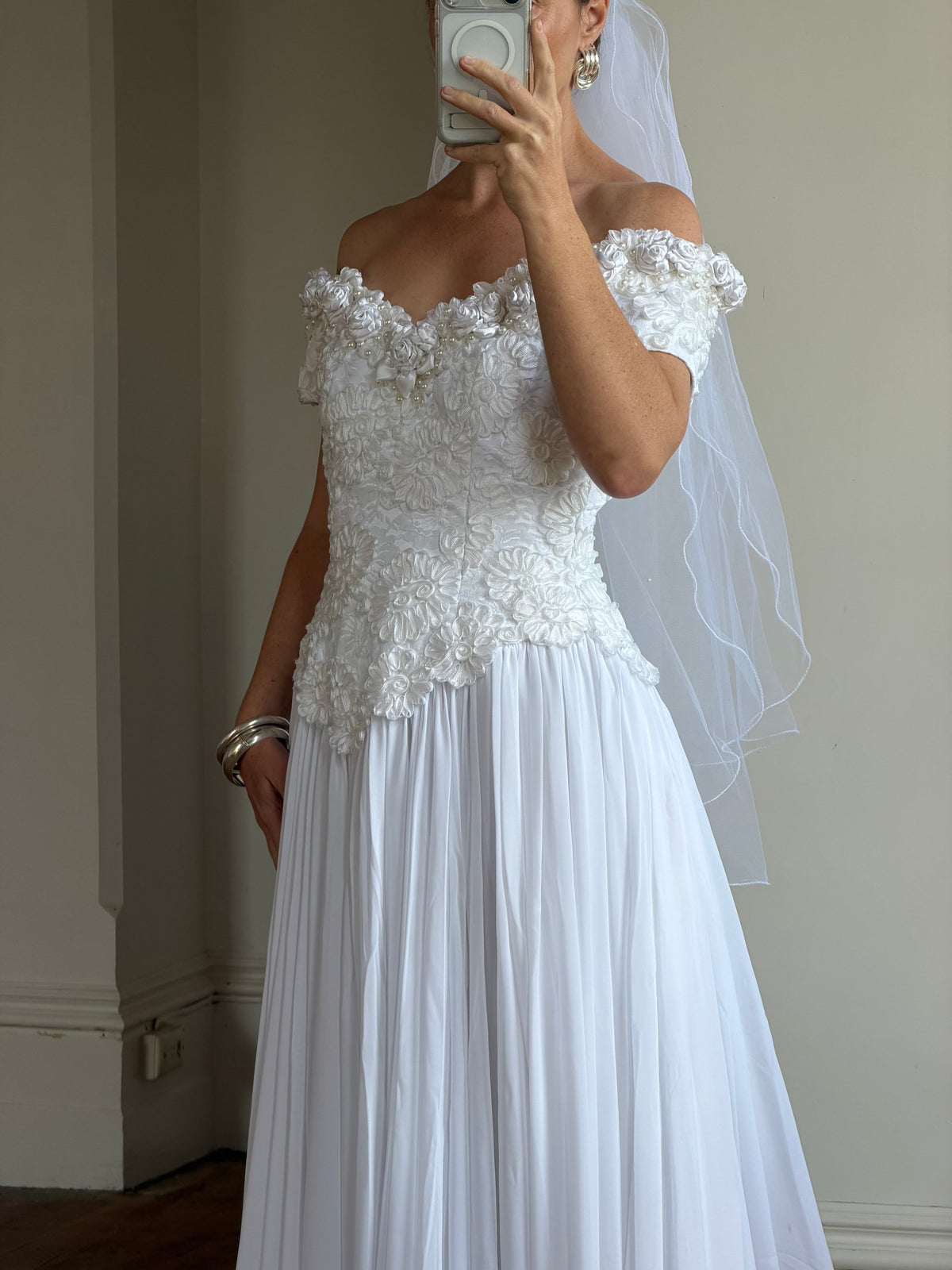Vintage 80s 3D Floral Off Shoulder Bridal Gown and Veil