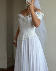 Vintage 80s 3D Floral Off Shoulder Bridal Gown and Veil
