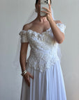 Vintage 80s 3D Floral Off Shoulder Bridal Gown and Veil
