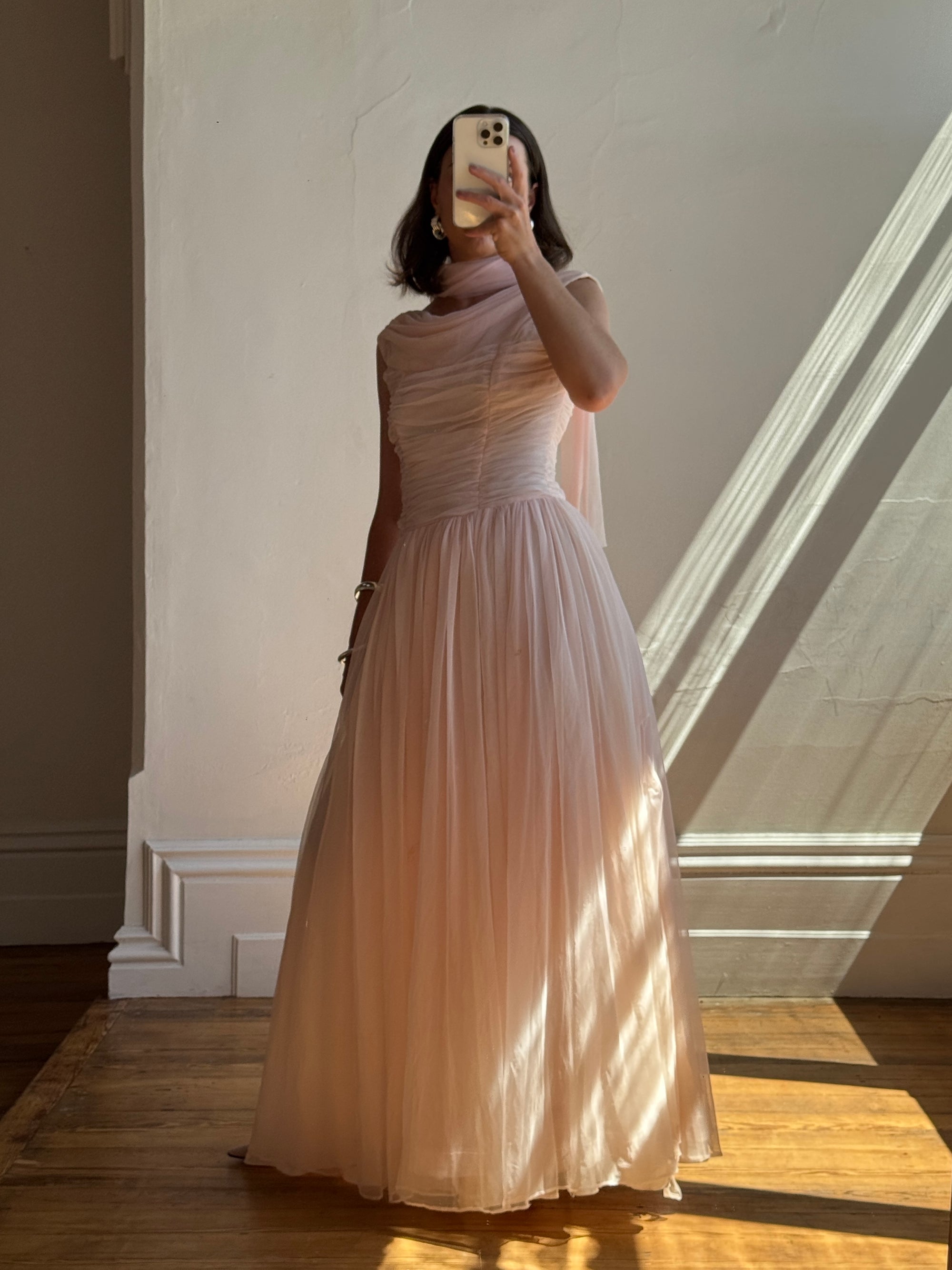Vintage 60s Chiffon Gathered Pale Pink Maxi Gown