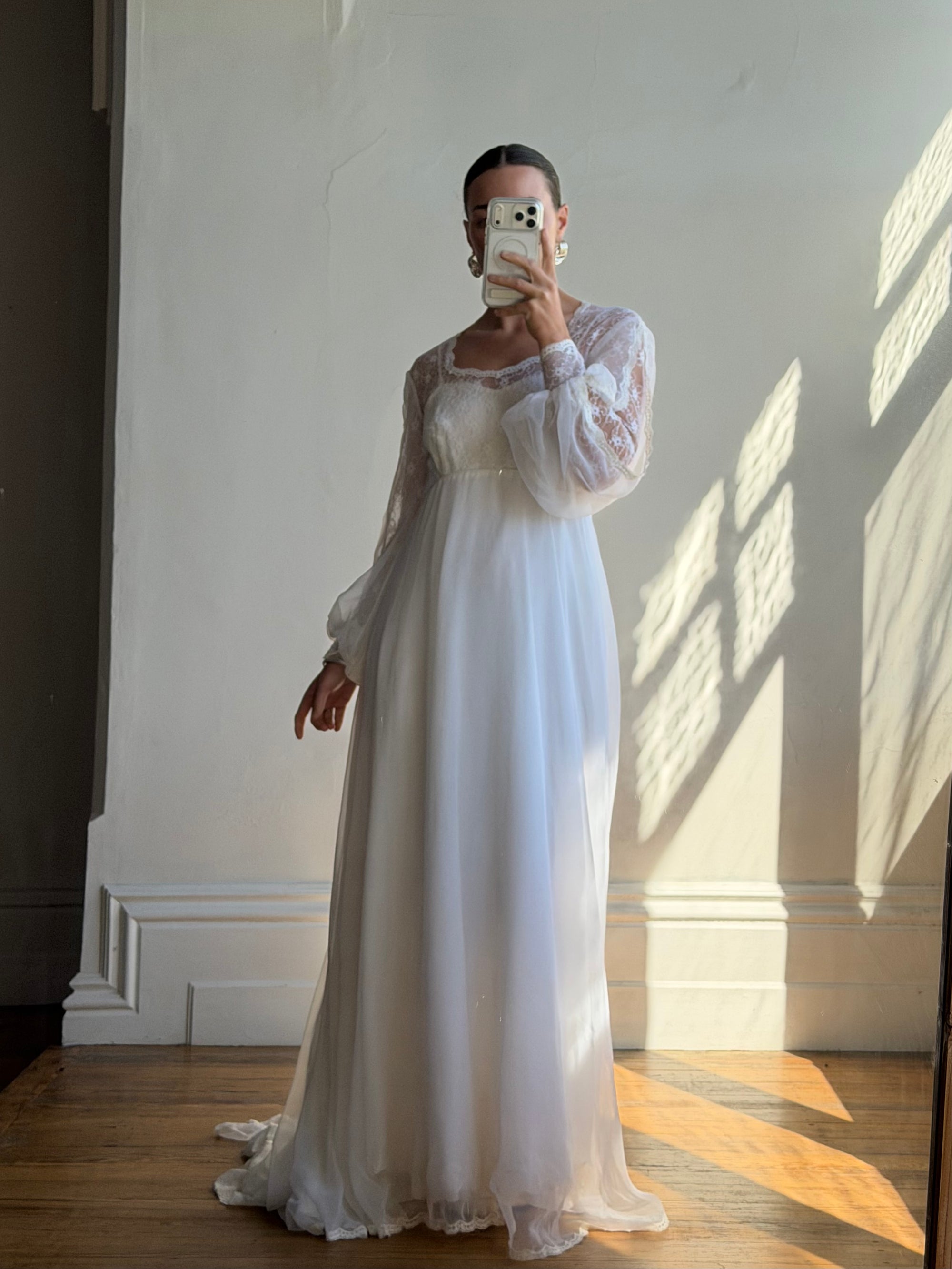 Vintage 60s Poet Sleeve Chiffon Wedding Gown