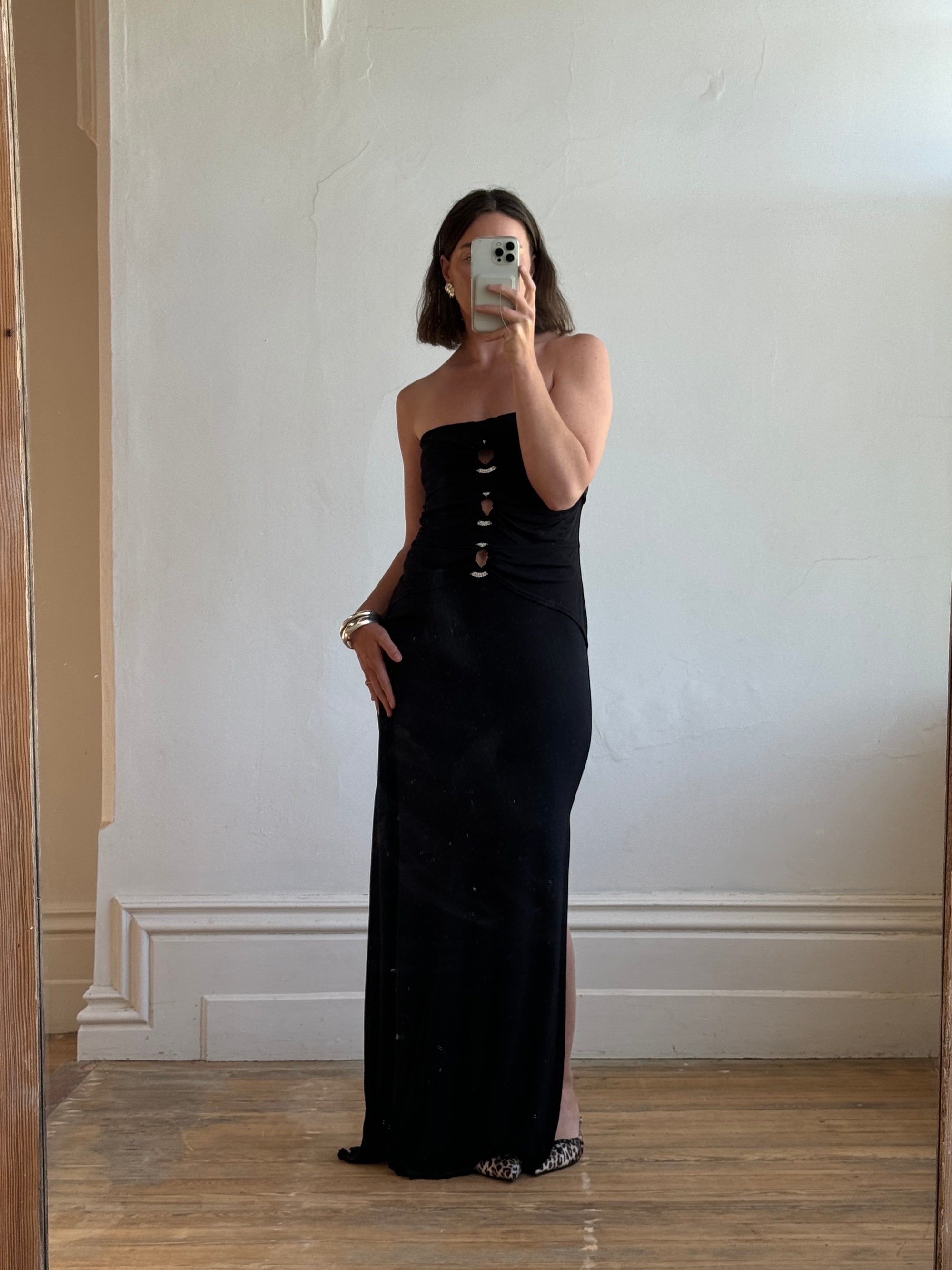 Vintage 90s Strapless Jersey Maxi Dress With Rhinestone Loops