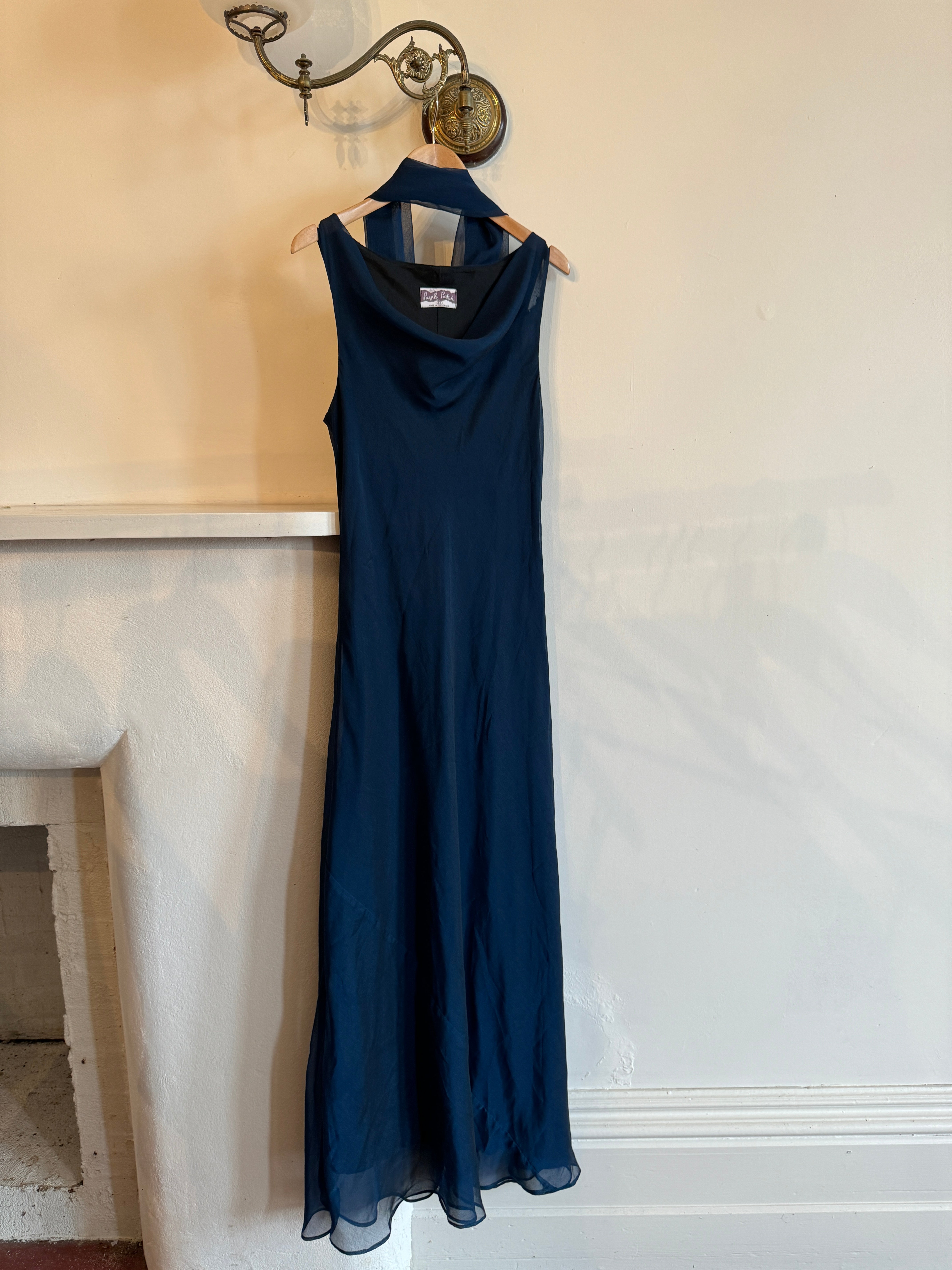 Vintage 90s Navy Cowl Neck Dress with Scarf
