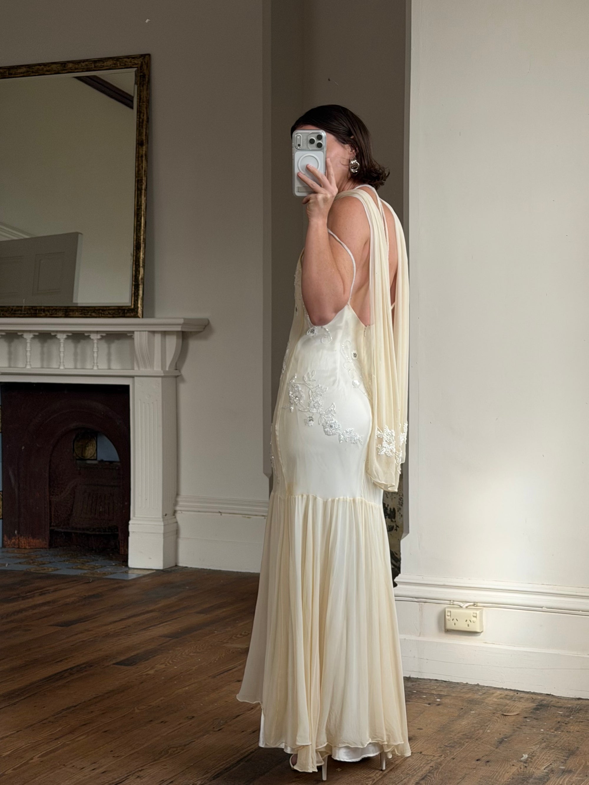 Vintage 90s Pure Silk Embellished Midi Dress With Scarf Creme
