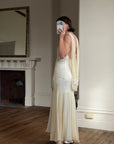 Vintage 90s Pure Silk Embellished Midi Dress With Scarf Creme