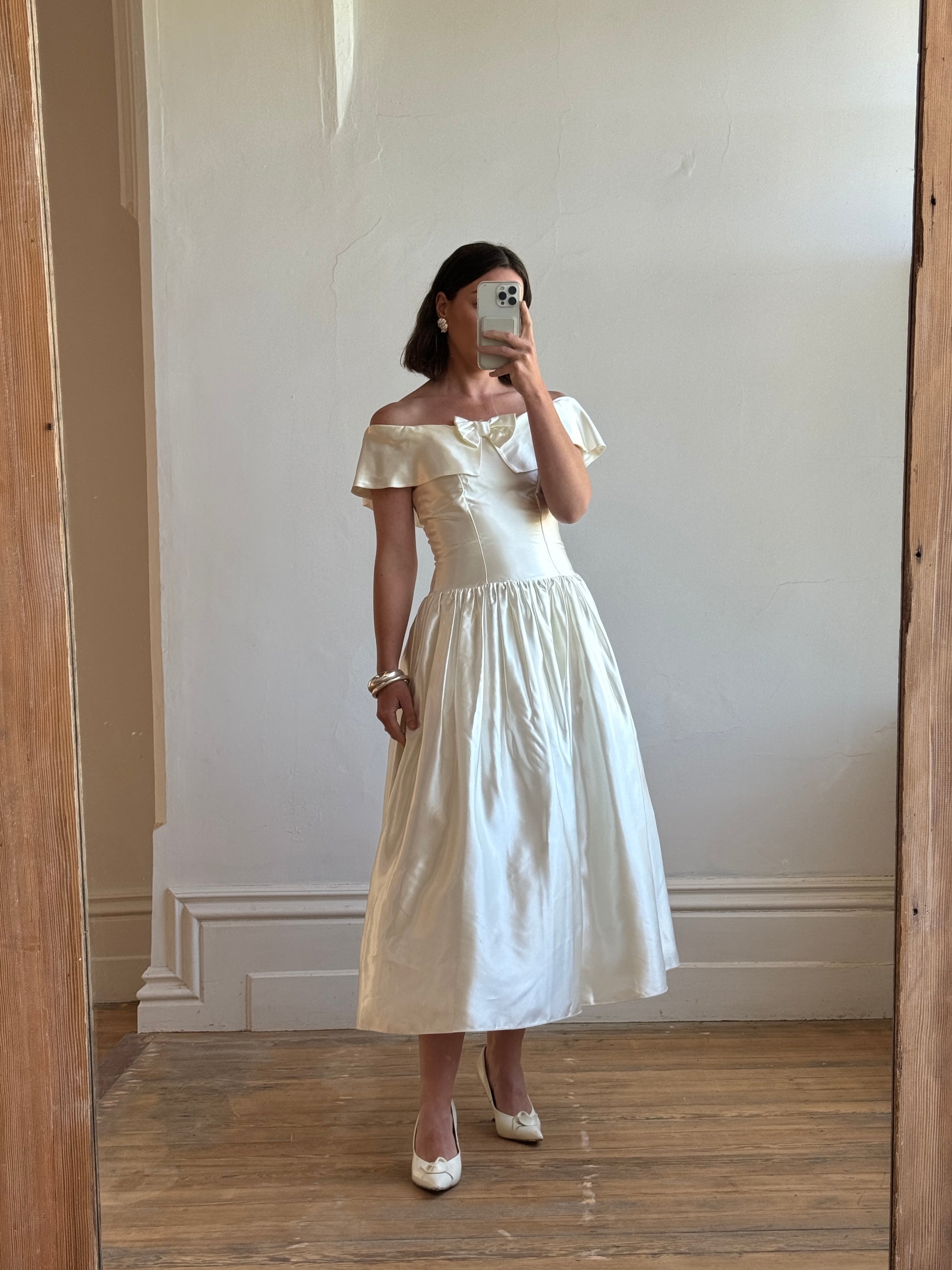 Vintage 80s Satin Tea Length Wedding Dress