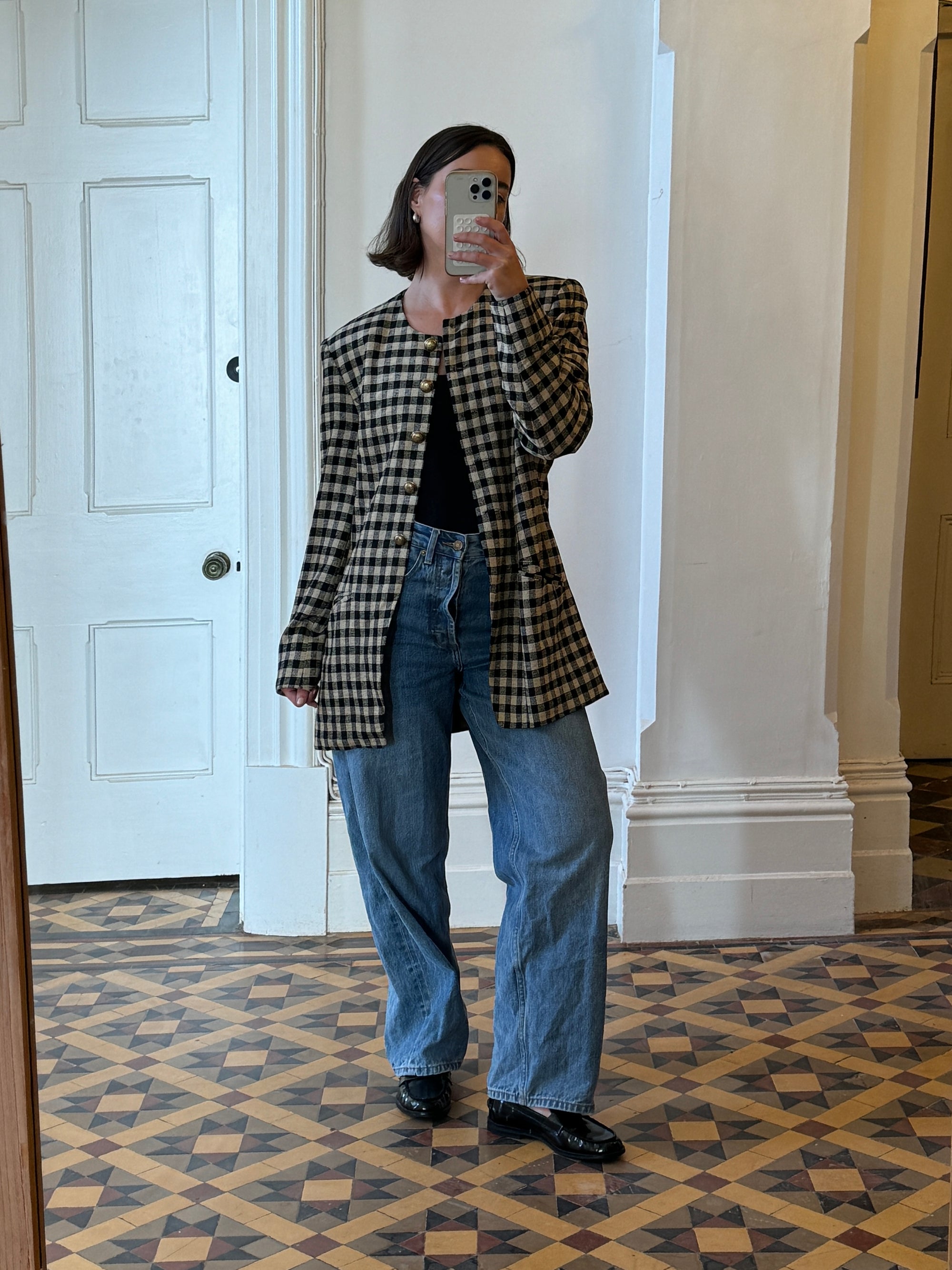 Vintage 90s Black and Caramel Gingham Collarless Blazer