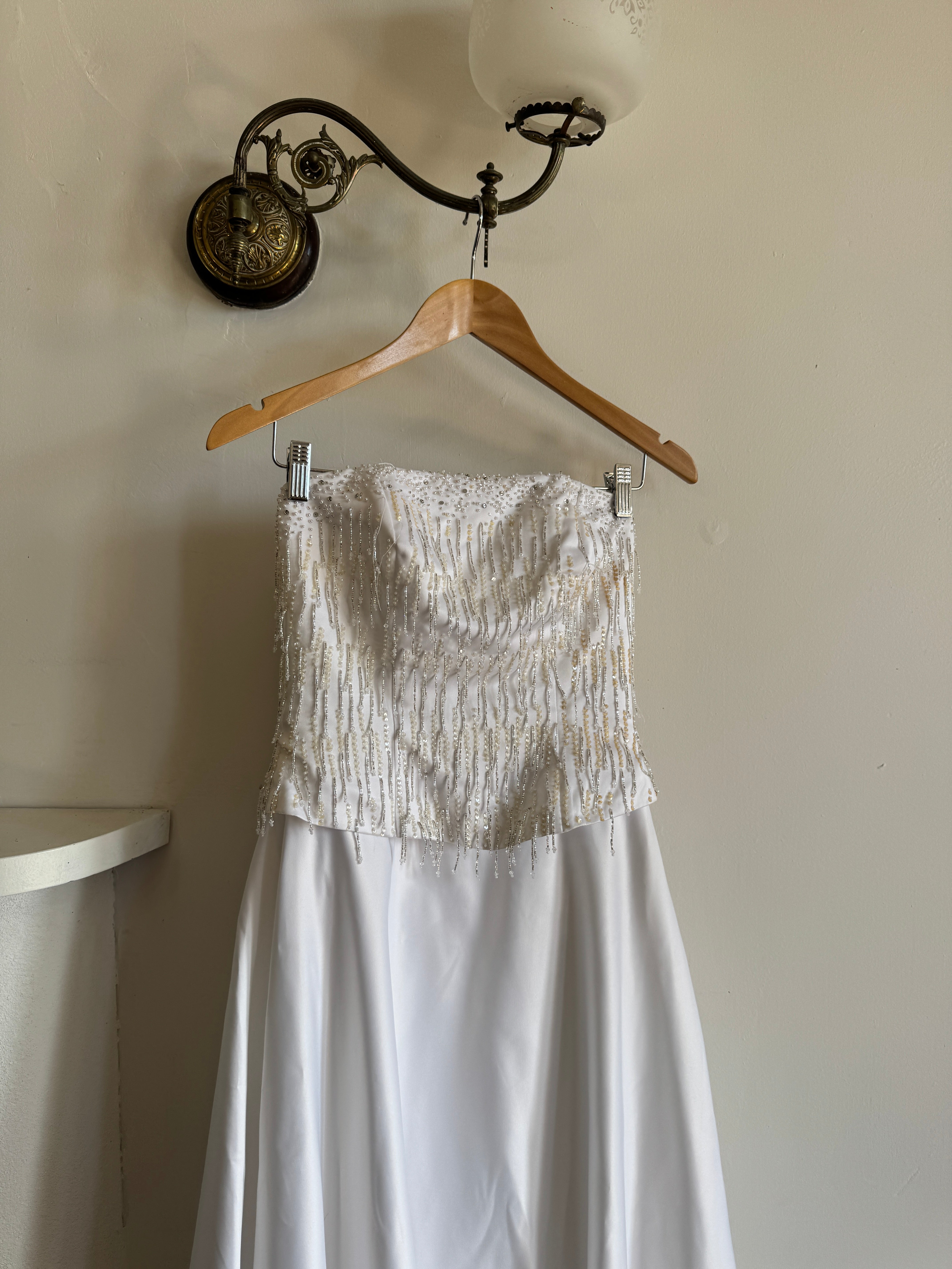 Vintage 90s Beaded Tassel Strapless Satin Wedding Gown