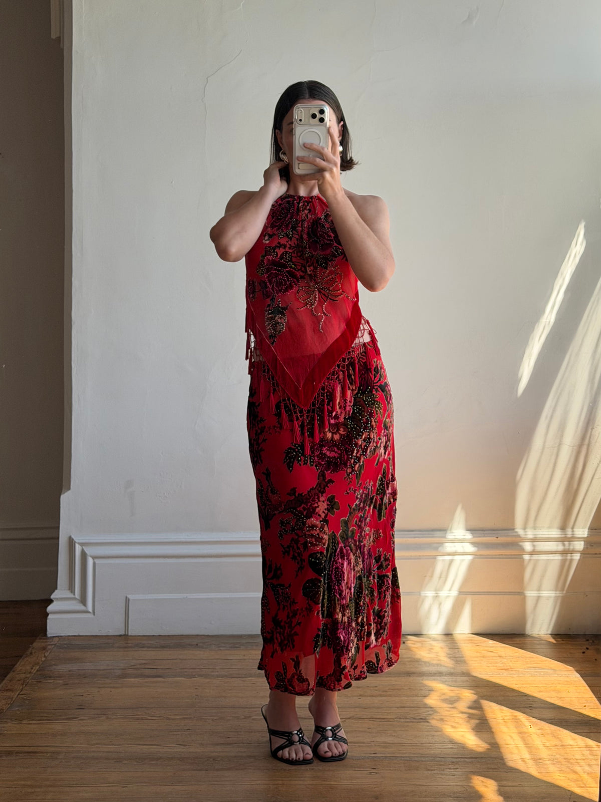 Vintage Y2K Burnt Velvet Beaded Fringe Halter and Skirt Set Crimson