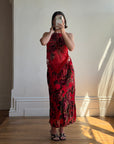 Vintage Y2K Burnt Velvet Beaded Fringe Halter and Skirt Set Crimson