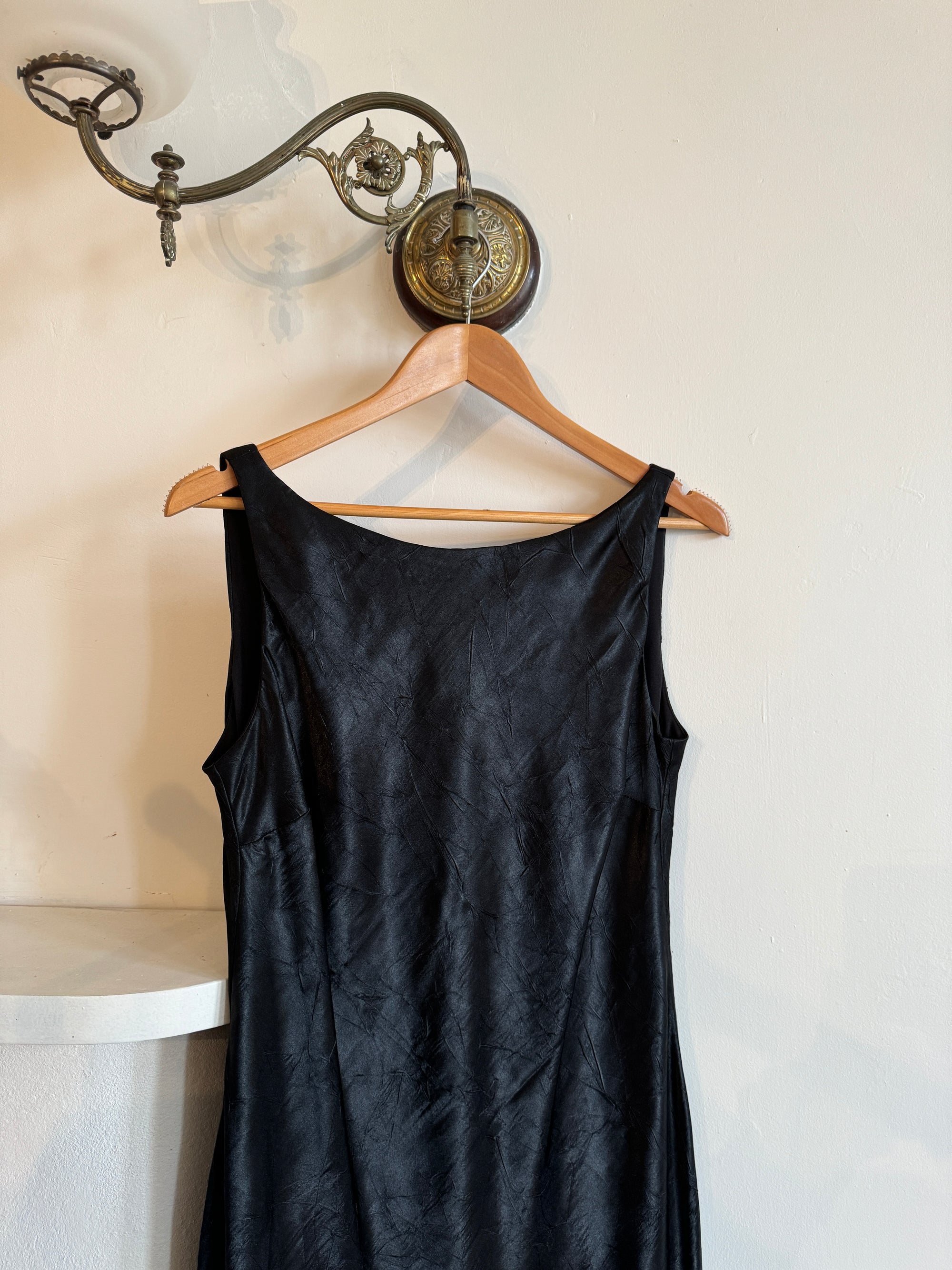 Vintage 90s Black Crinkle Midi Dress