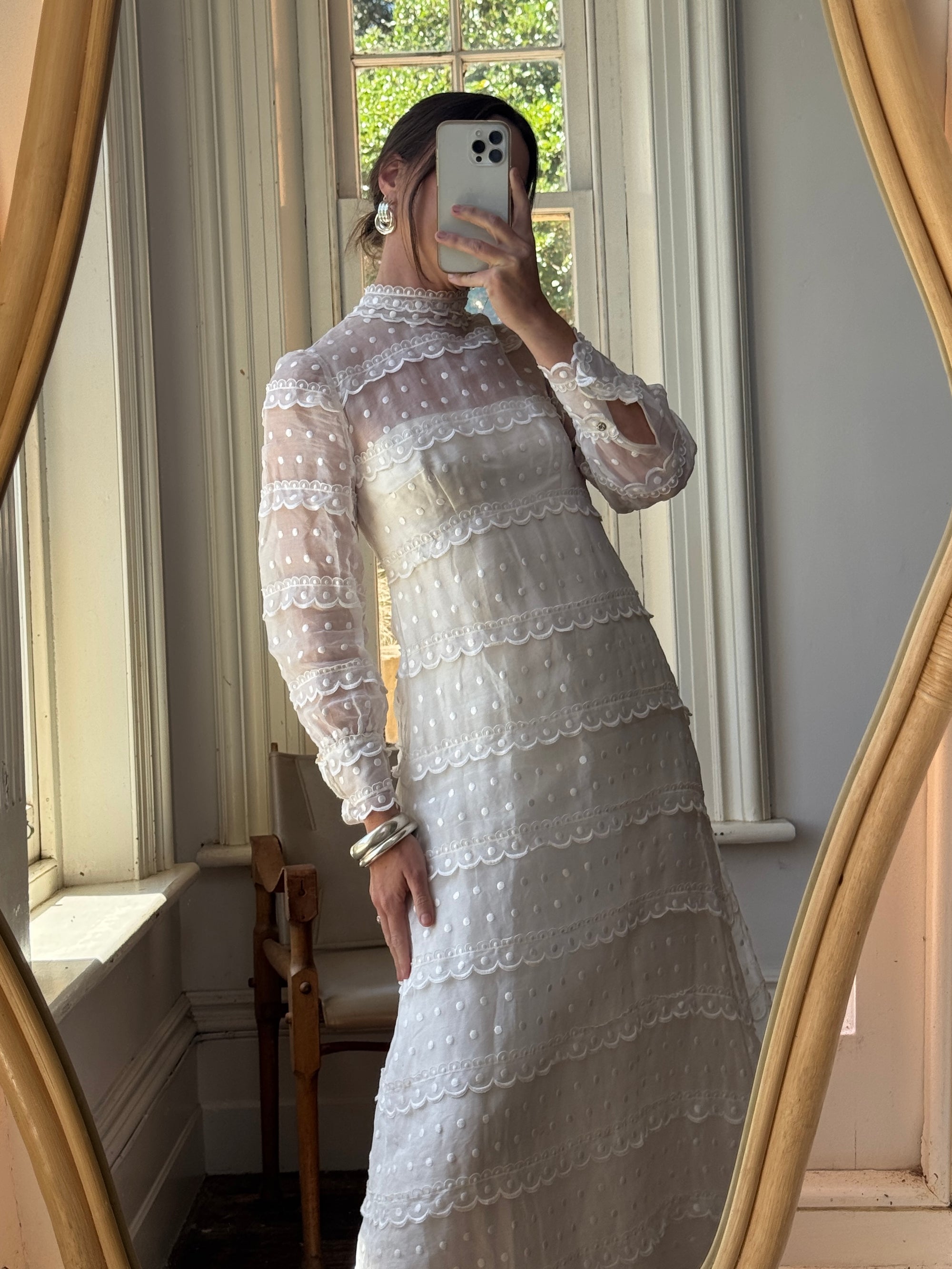 Vintage 60s Polka Dot Long Sleeved Wedding Dress Ivory