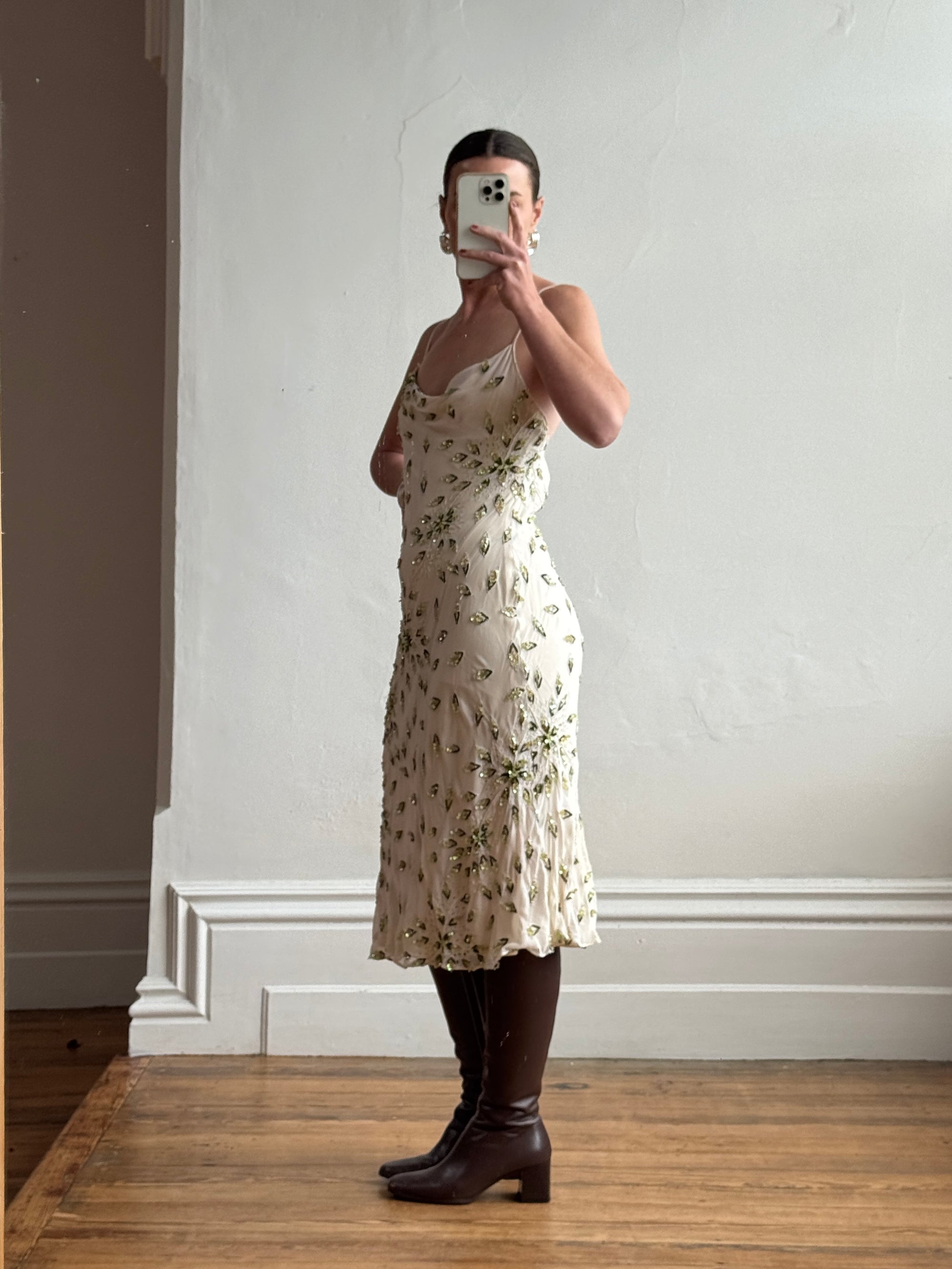 Vintage 90s Pure Silk Sequin Leaf Cowl Neck Dress