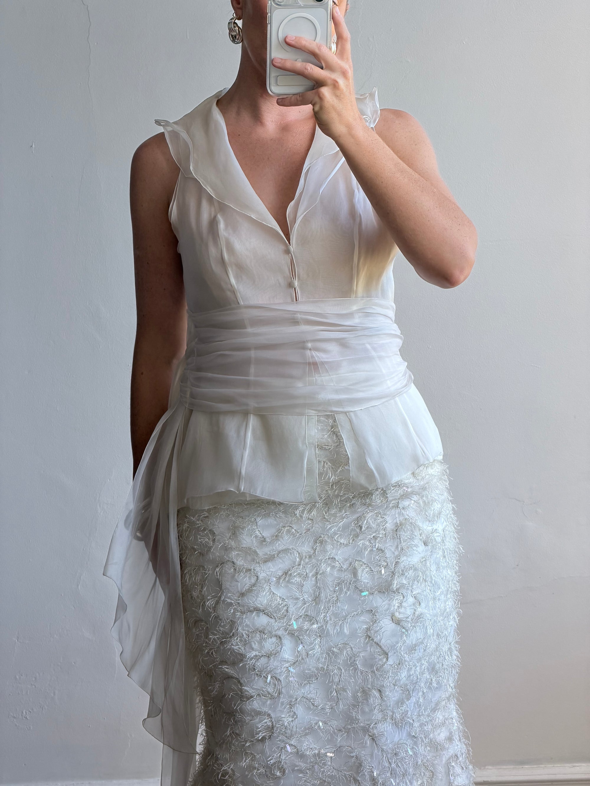 Vintage 90s Italian Organza Tie Top and Feather Skirt Bridal Set