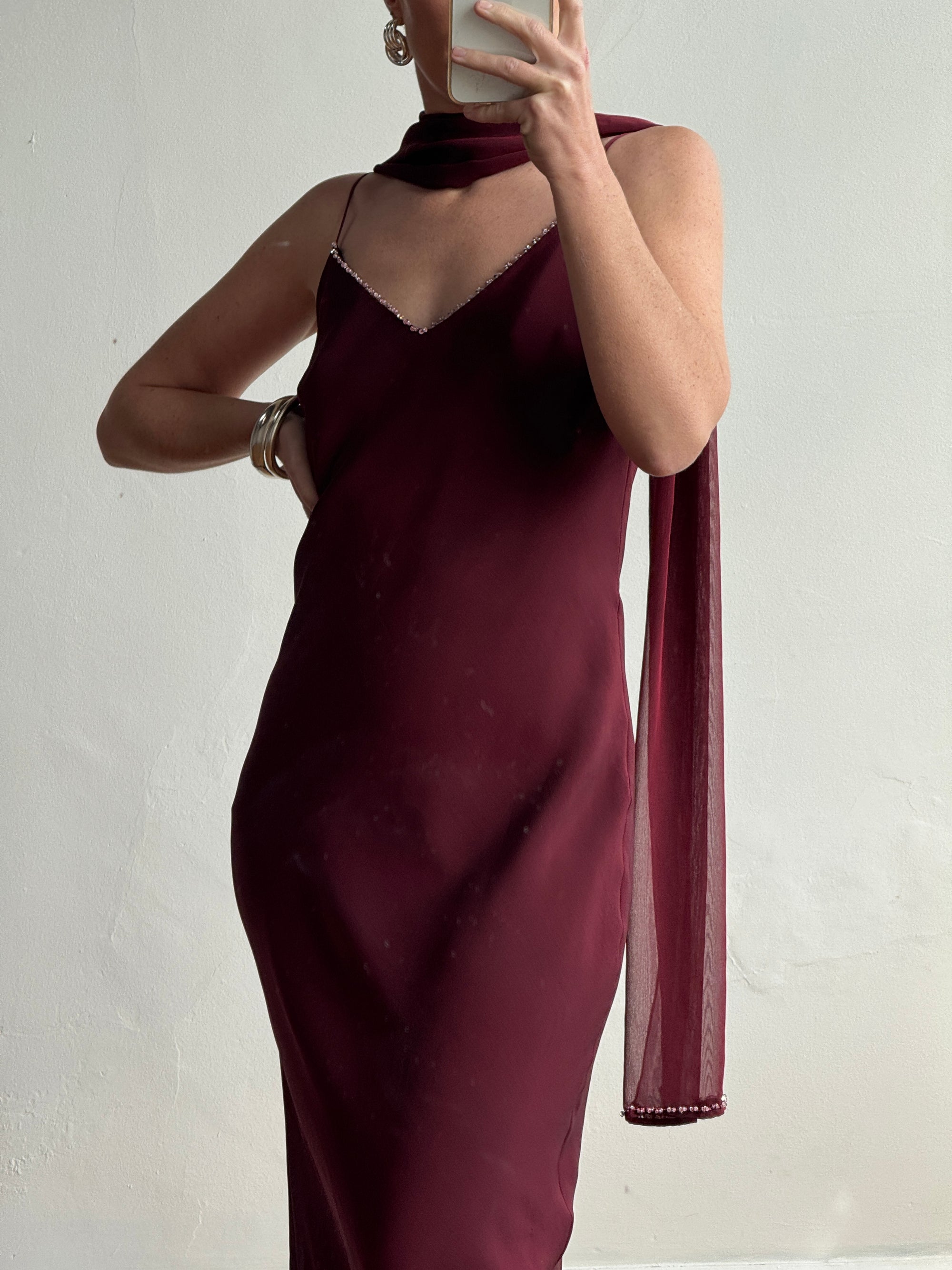 Vintage 90s Burgundy Slip Dress With Pink Sequins and Scarf