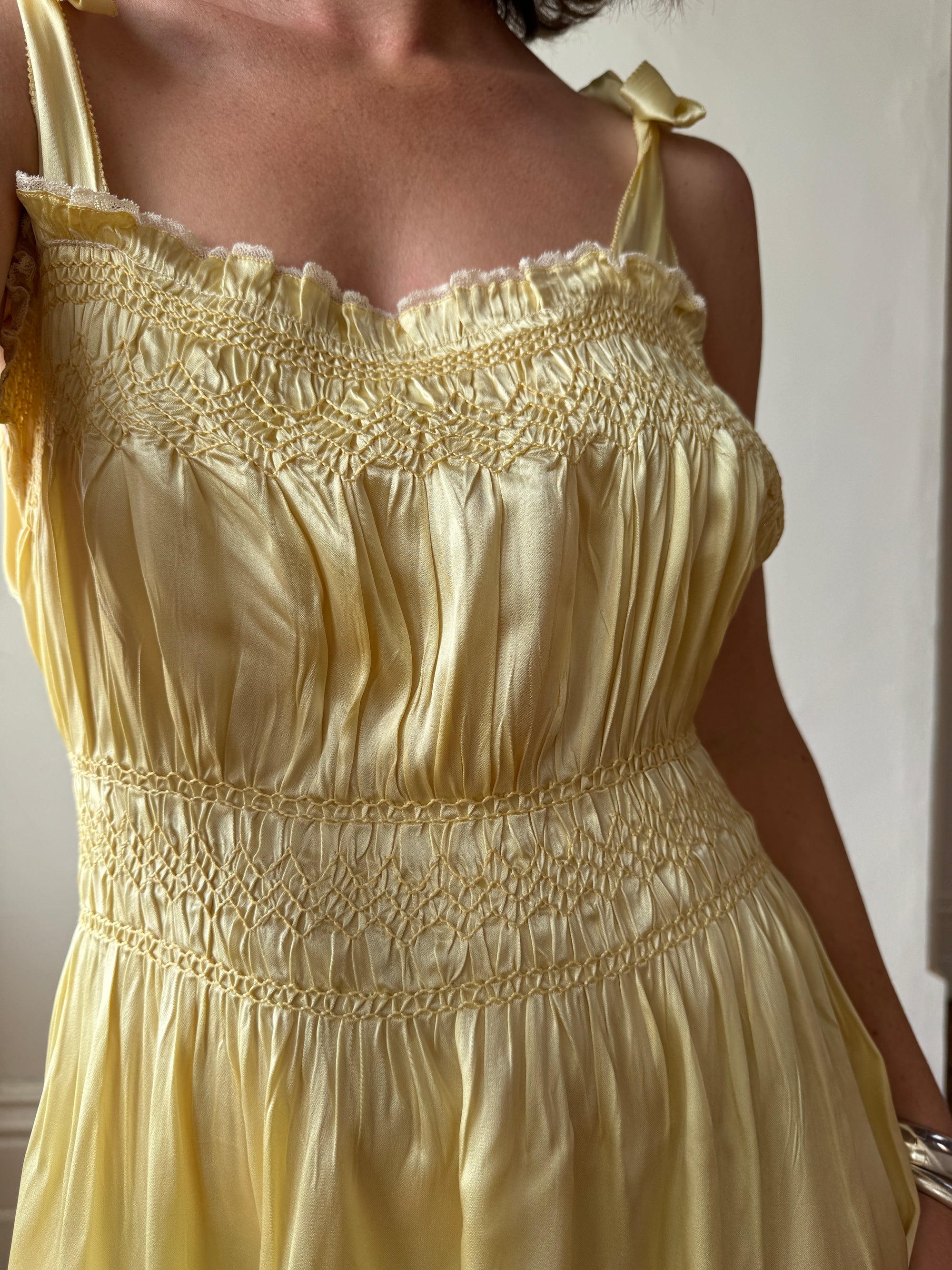 Vintage 40s Liquid Satin Shirred Dress With Ribbon Ties Yellow