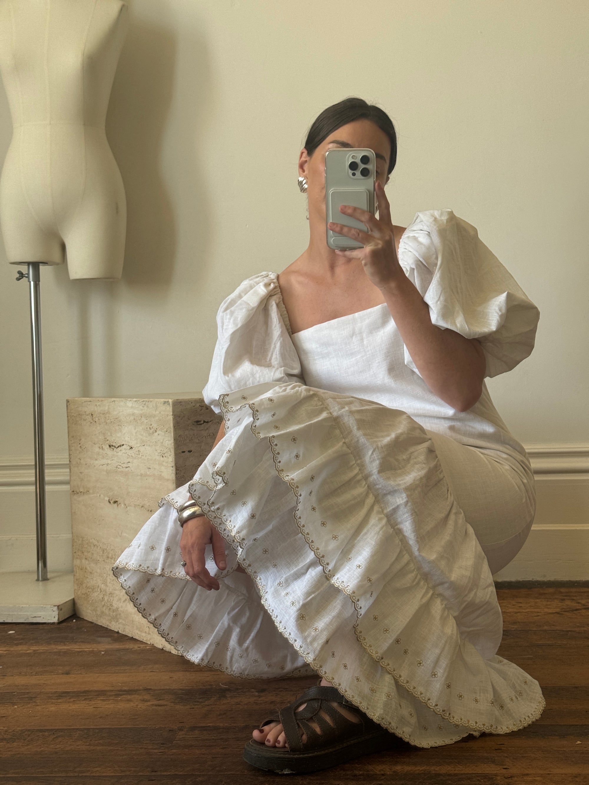 Vintage 80s Linen Drop Waist Sundress Ivory