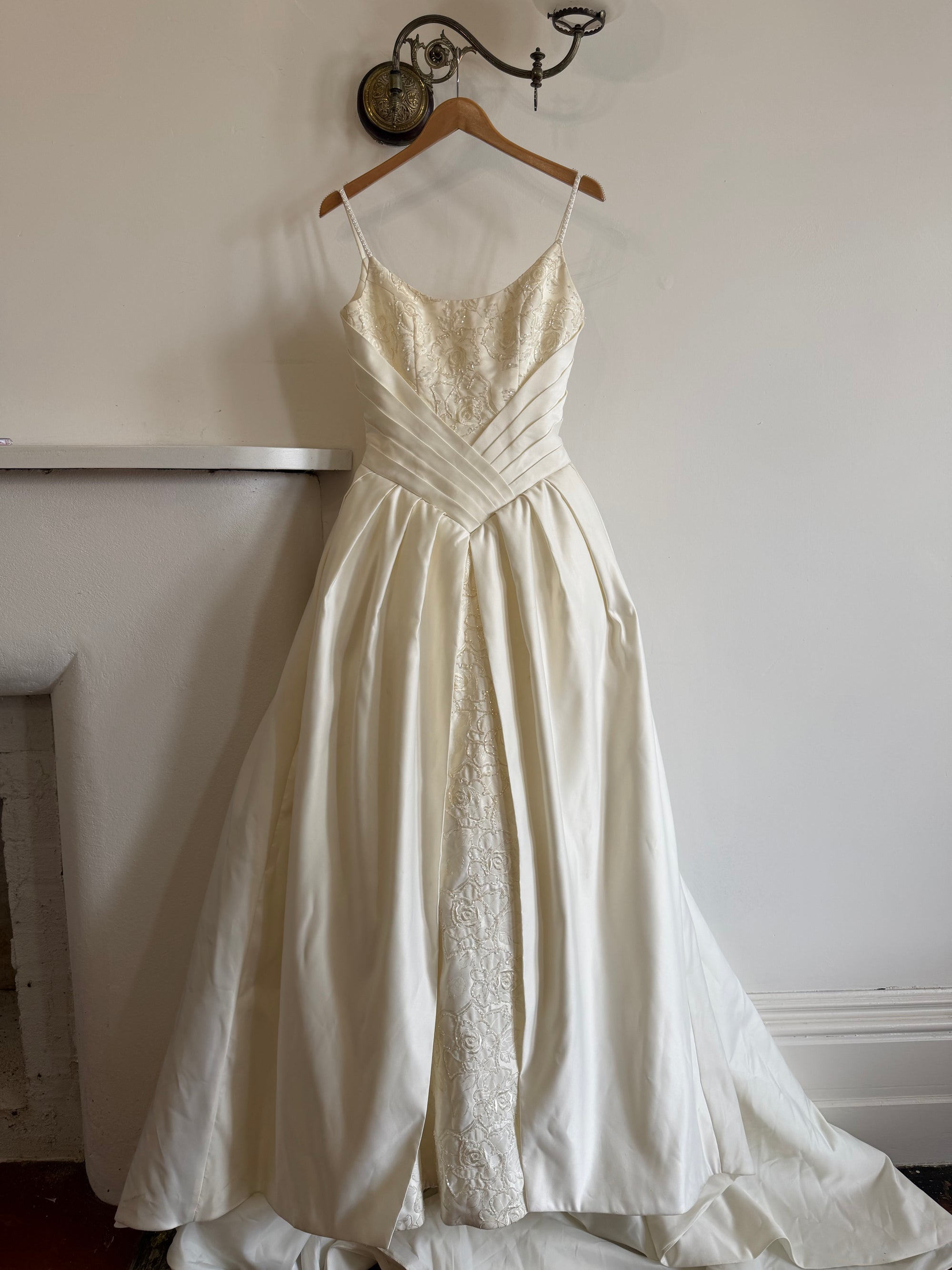 Vintage 90s Pleated Jacquard Satin Wedding Gown