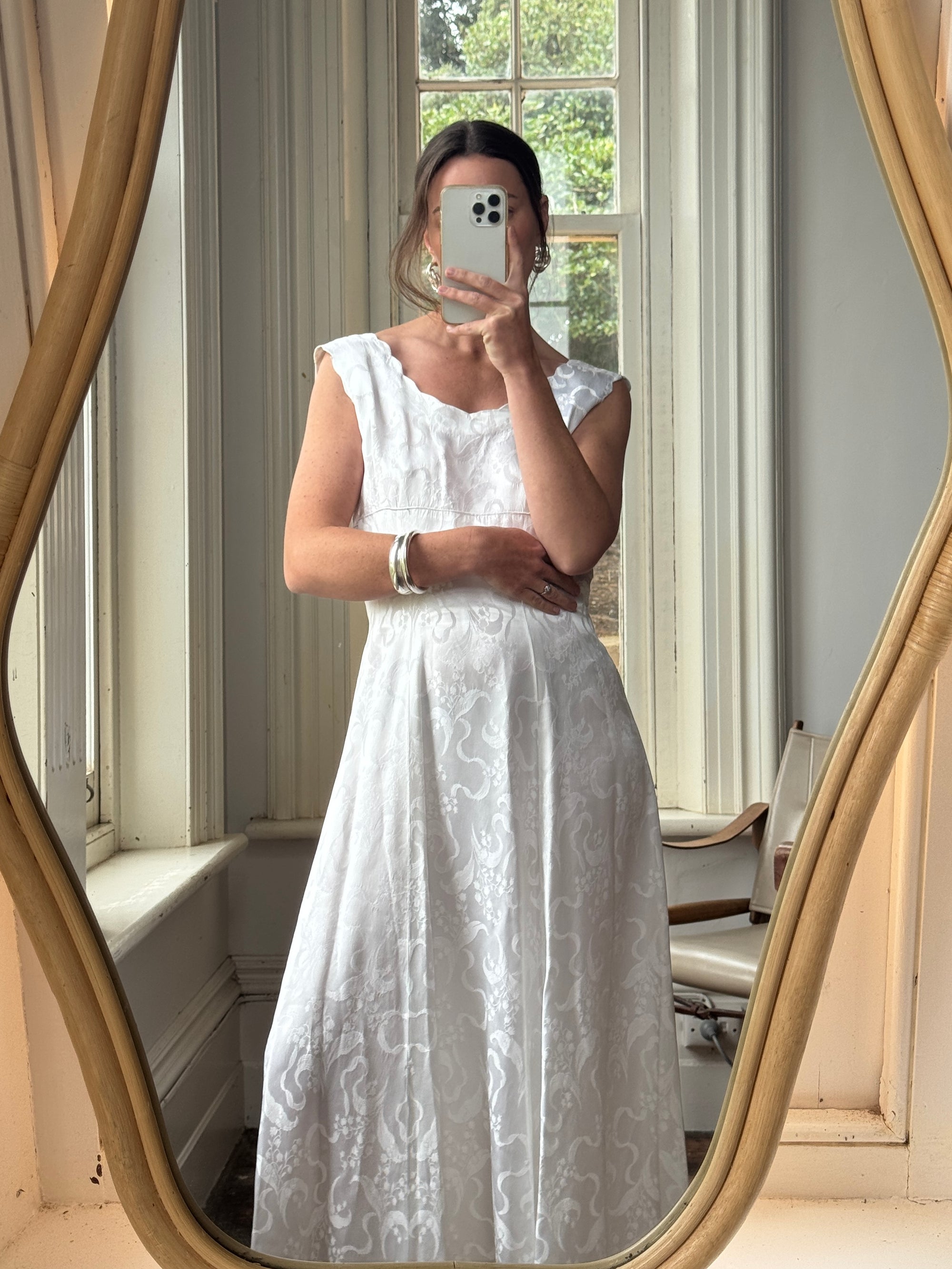 Vintage 50s Satin Jacquard Scalloped Bridal Dress