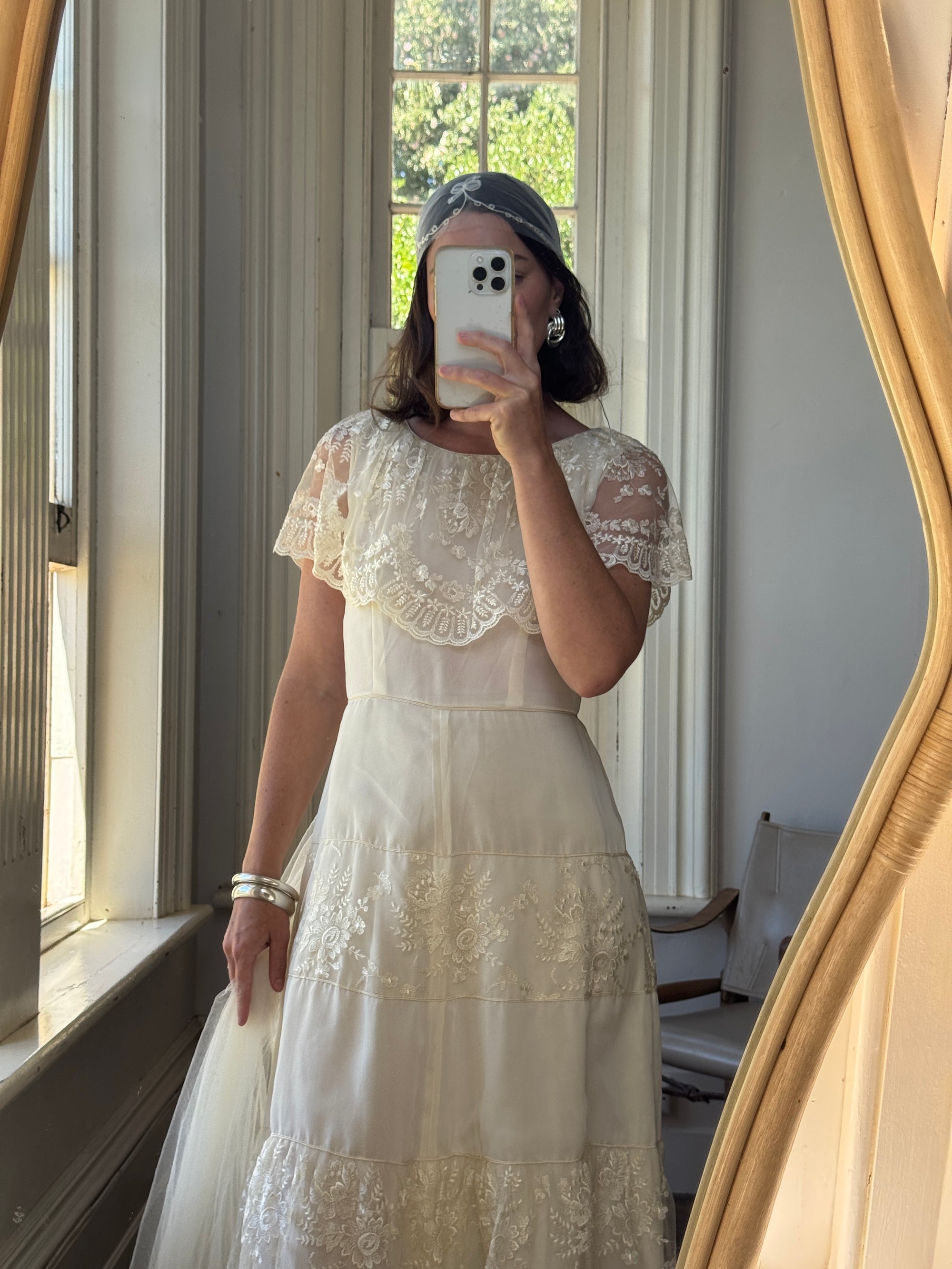 Vintage 70s Creme Tiered Lace Wedding Dress with Pleats