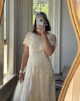 Vintage 70s Creme Tiered Lace Wedding Dress with Pleats