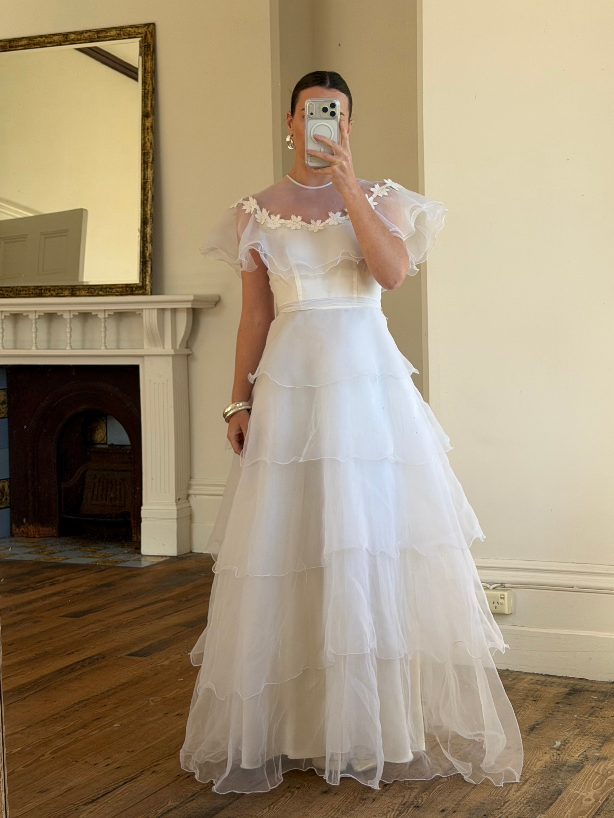 Vintage 70s Tiered Organza Prairie Daisy Wedding Dress