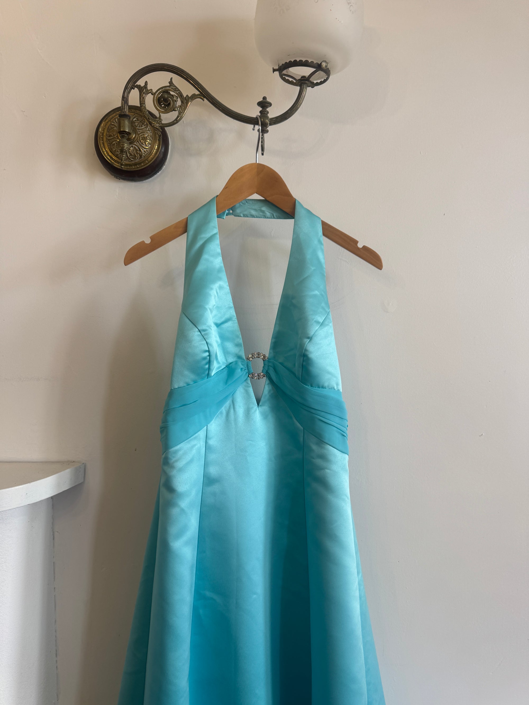 Vintage 90s A-Line Aqua Prom Dress with Rhinestones