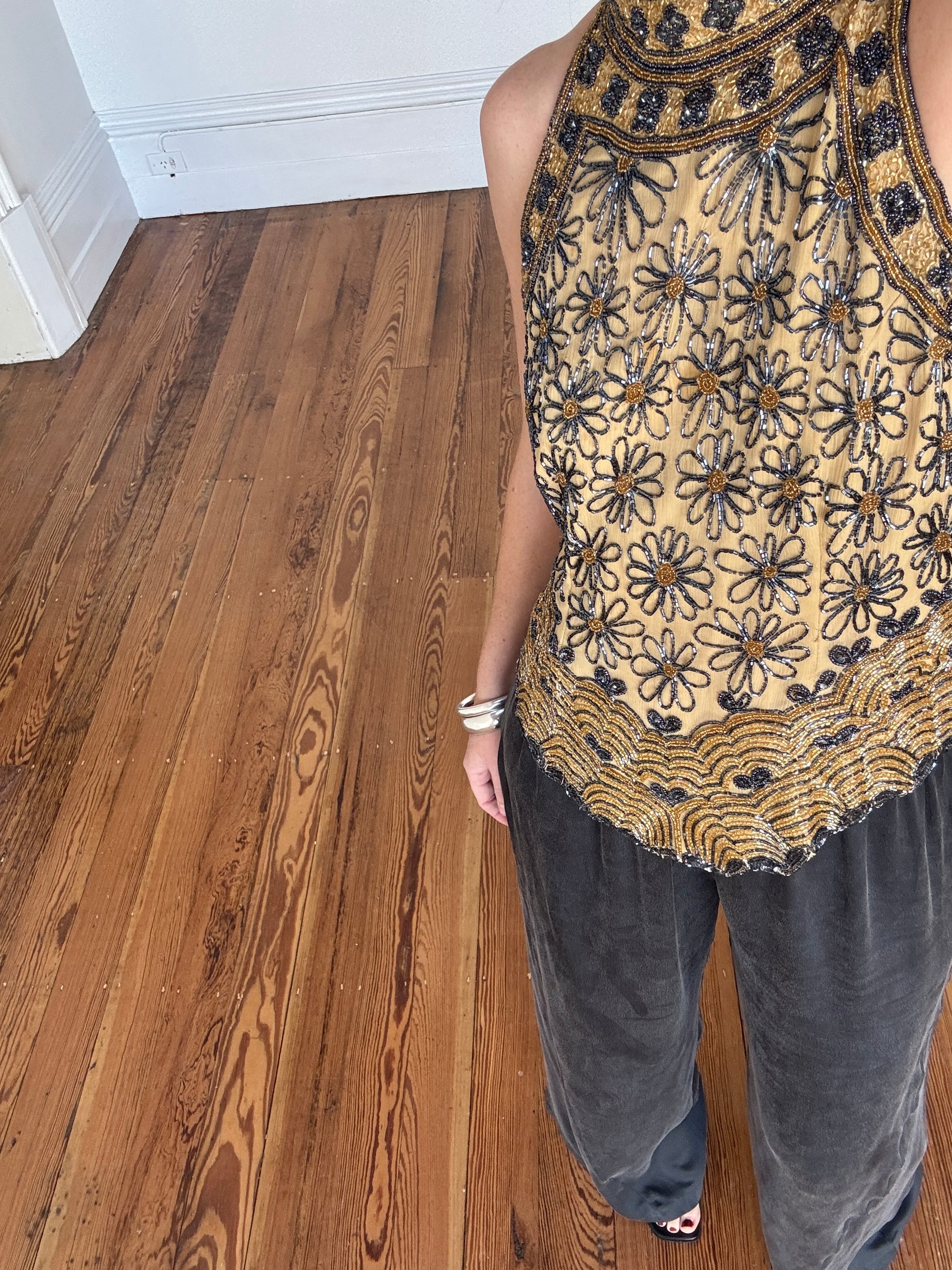 Vintage 90s Beaded Silk High Neck Top Golden Noir