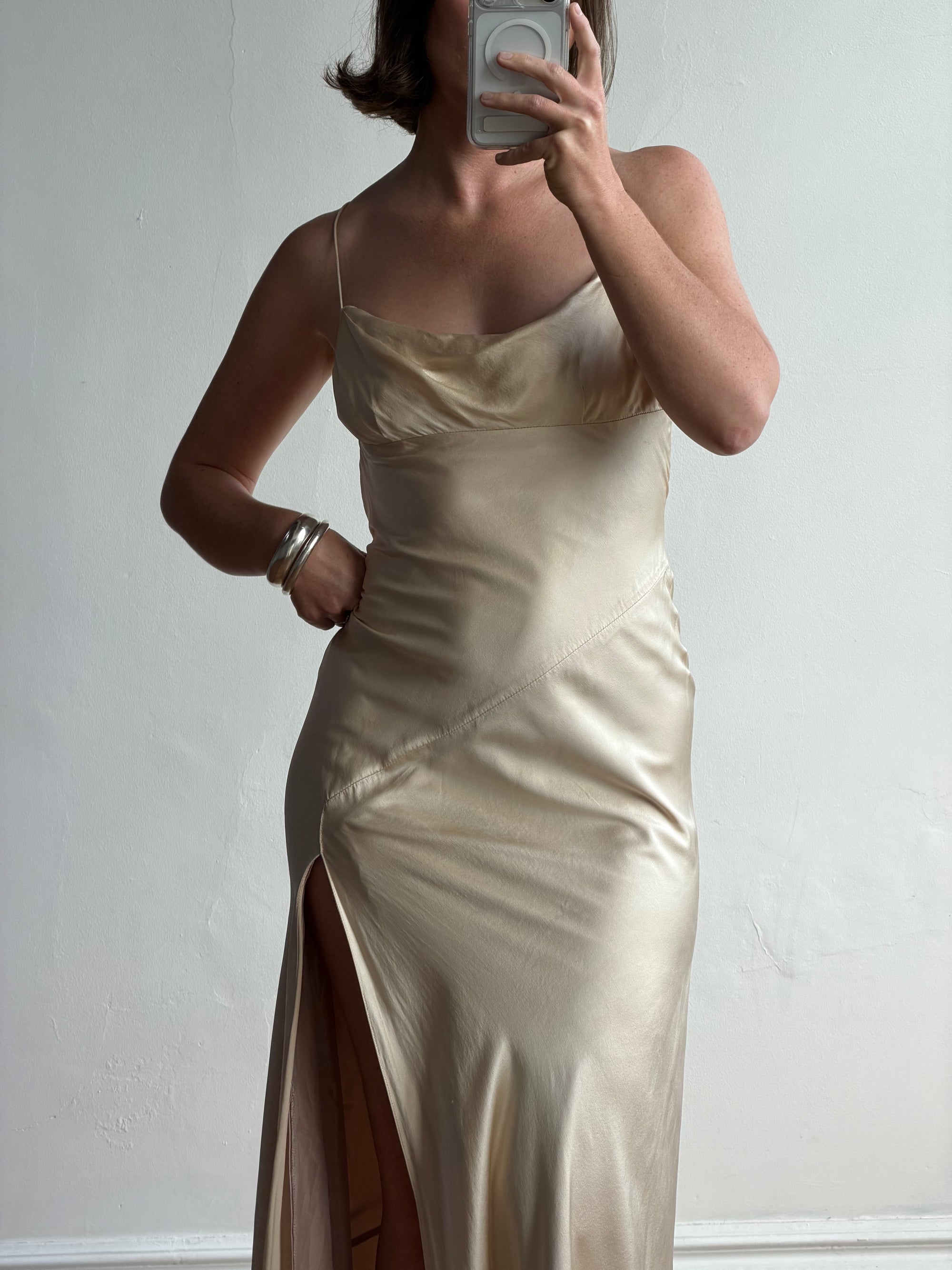 Vintage 90s Pure Silk Bias Cut Split Gown Champagne