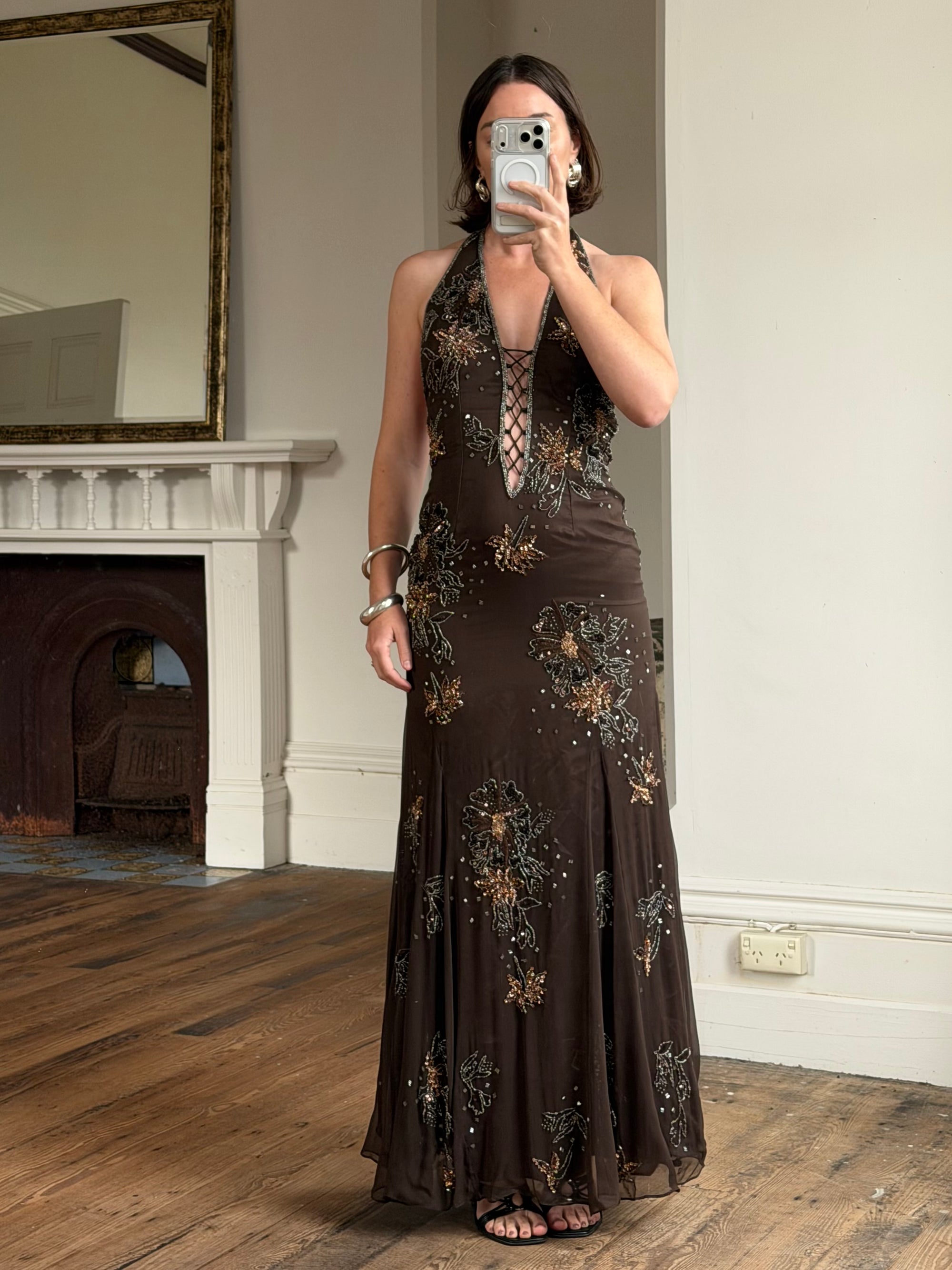 Vintage 90s Pure Silk Beaded Lace Up Dress Chocolate