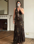 Vintage 90s Pure Silk Beaded Lace Up Dress Chocolate