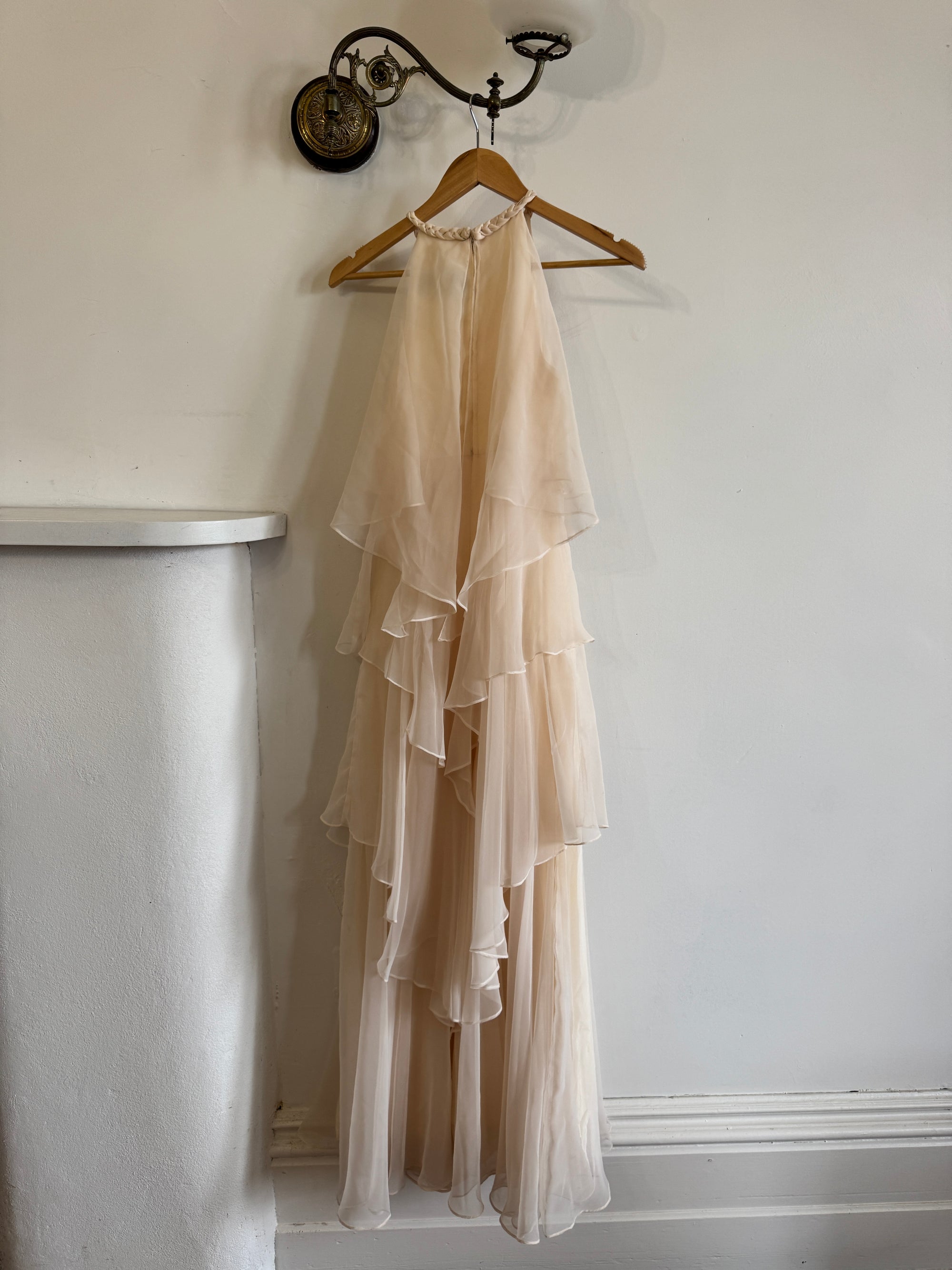 Vintage 70s Tiered Chiffon Wedding Dress Creme