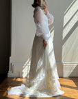 Vintage 70s Embroidered Prairie Long Sleeved Wedding Gown